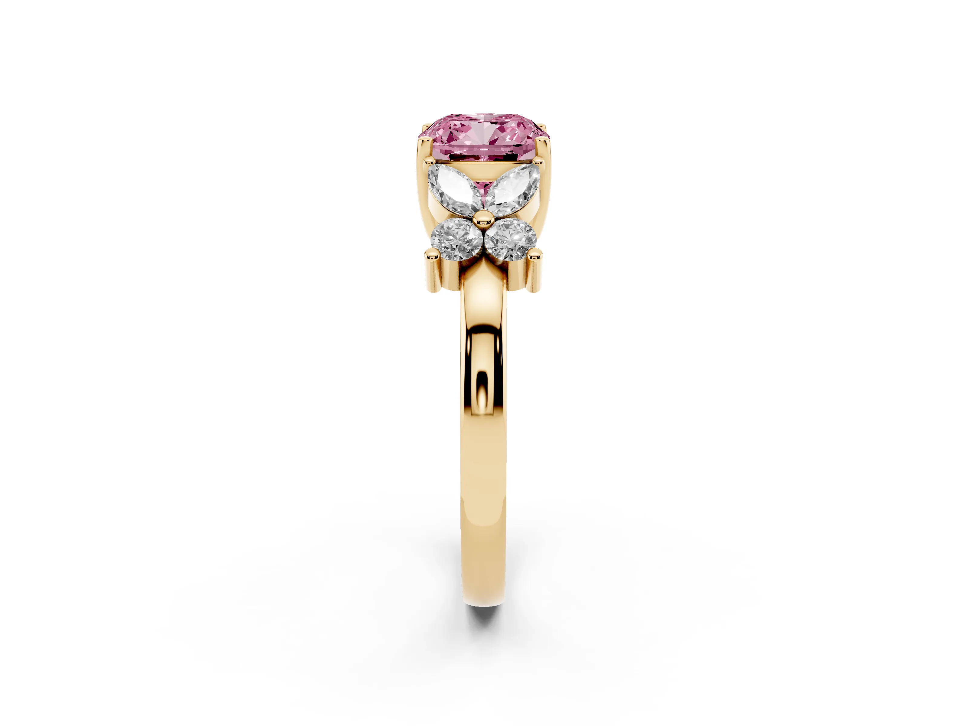Fancy Pink Cushion Cut Diamond Floral Cluster Ring Set in Yellow gold with Marquise Petals and Prong Setting
