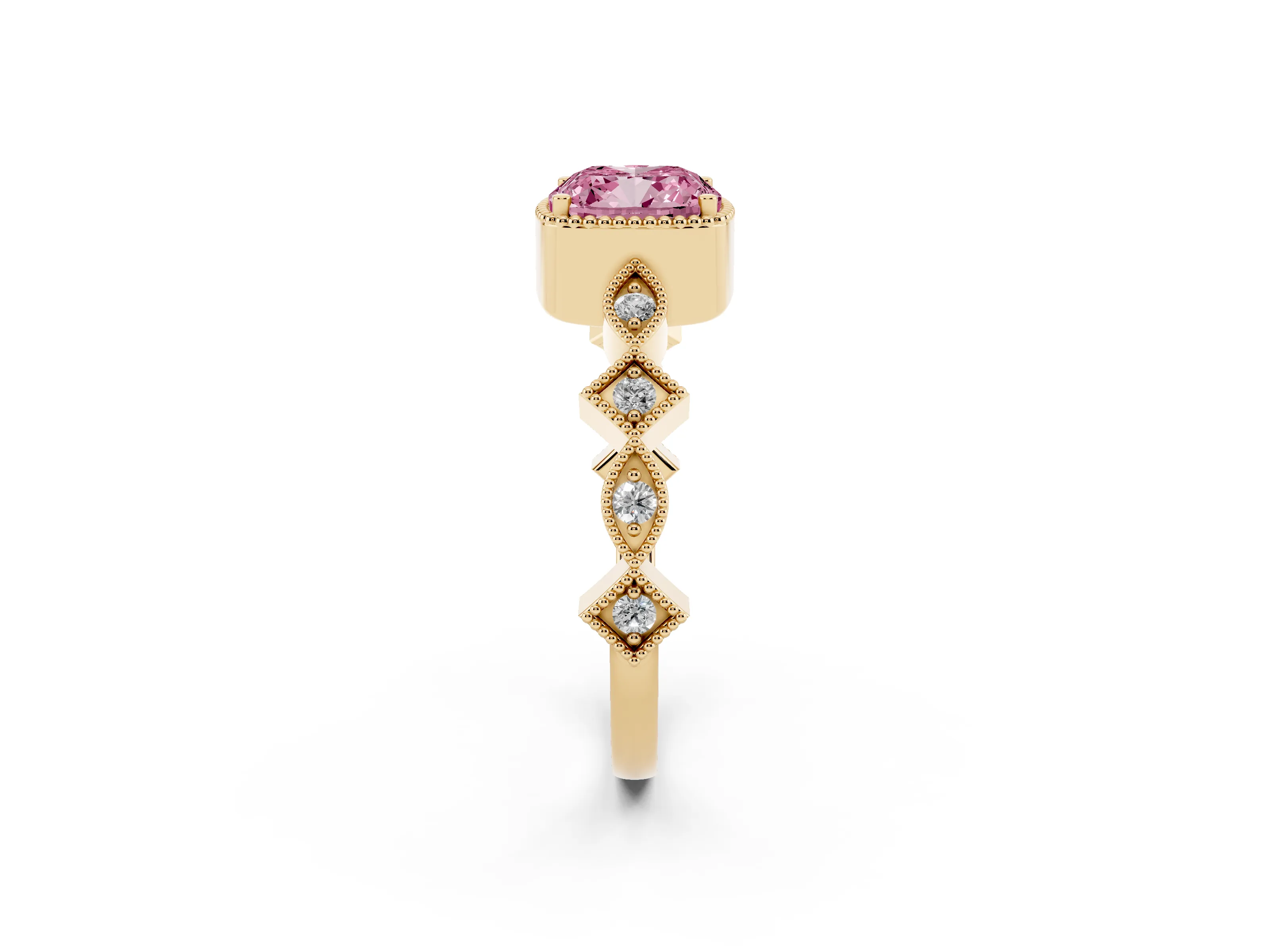Fancy Pink Cushion Cut Diamond Milgrain Marquise Twist Band Ring Set in Yellow gold with Prong Setting