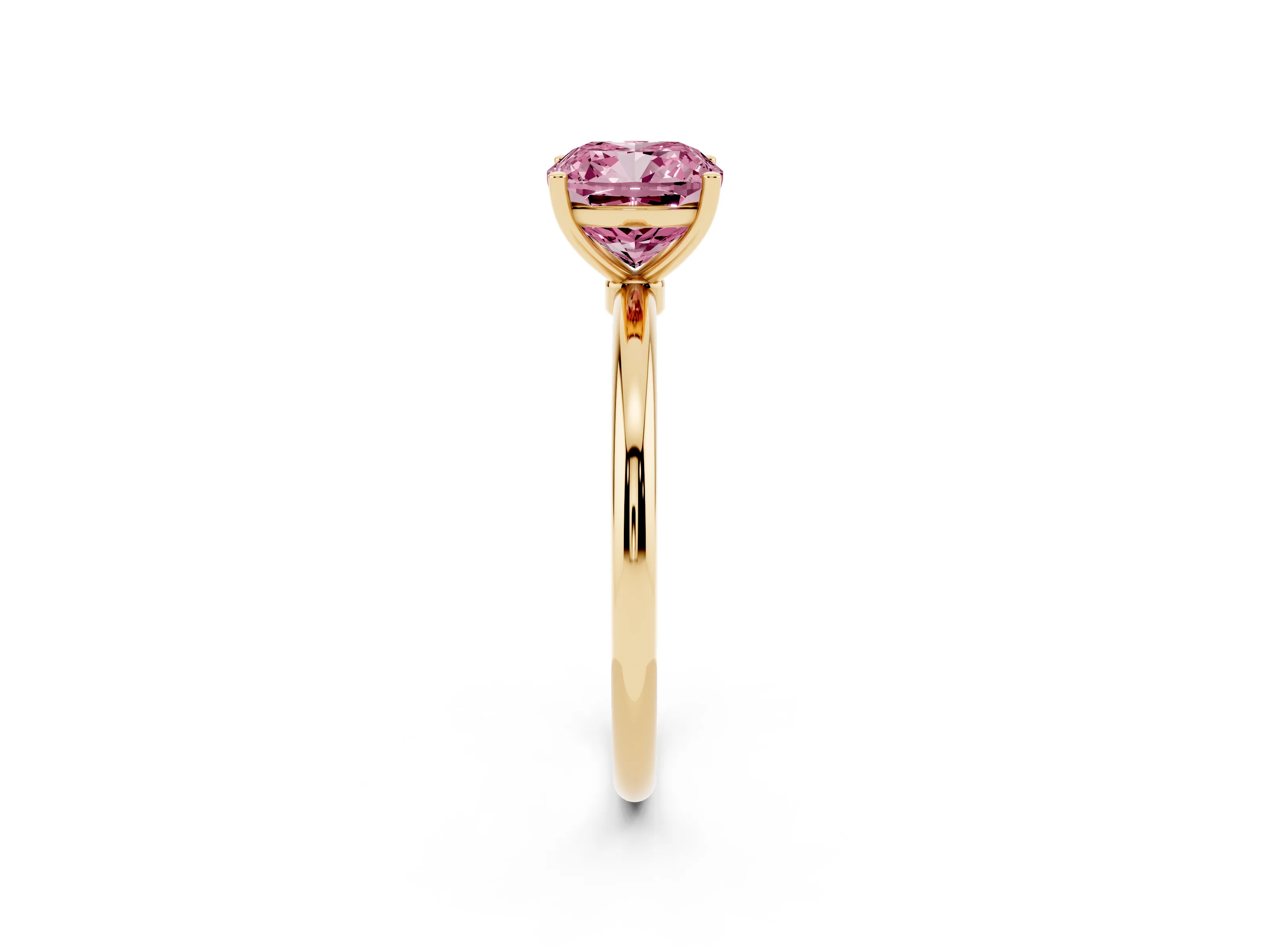 Fancy Pink Cushion Cut Diamond Solitaire Engagement Ring Set in Yellow gold with Thin Band and Prong Setting