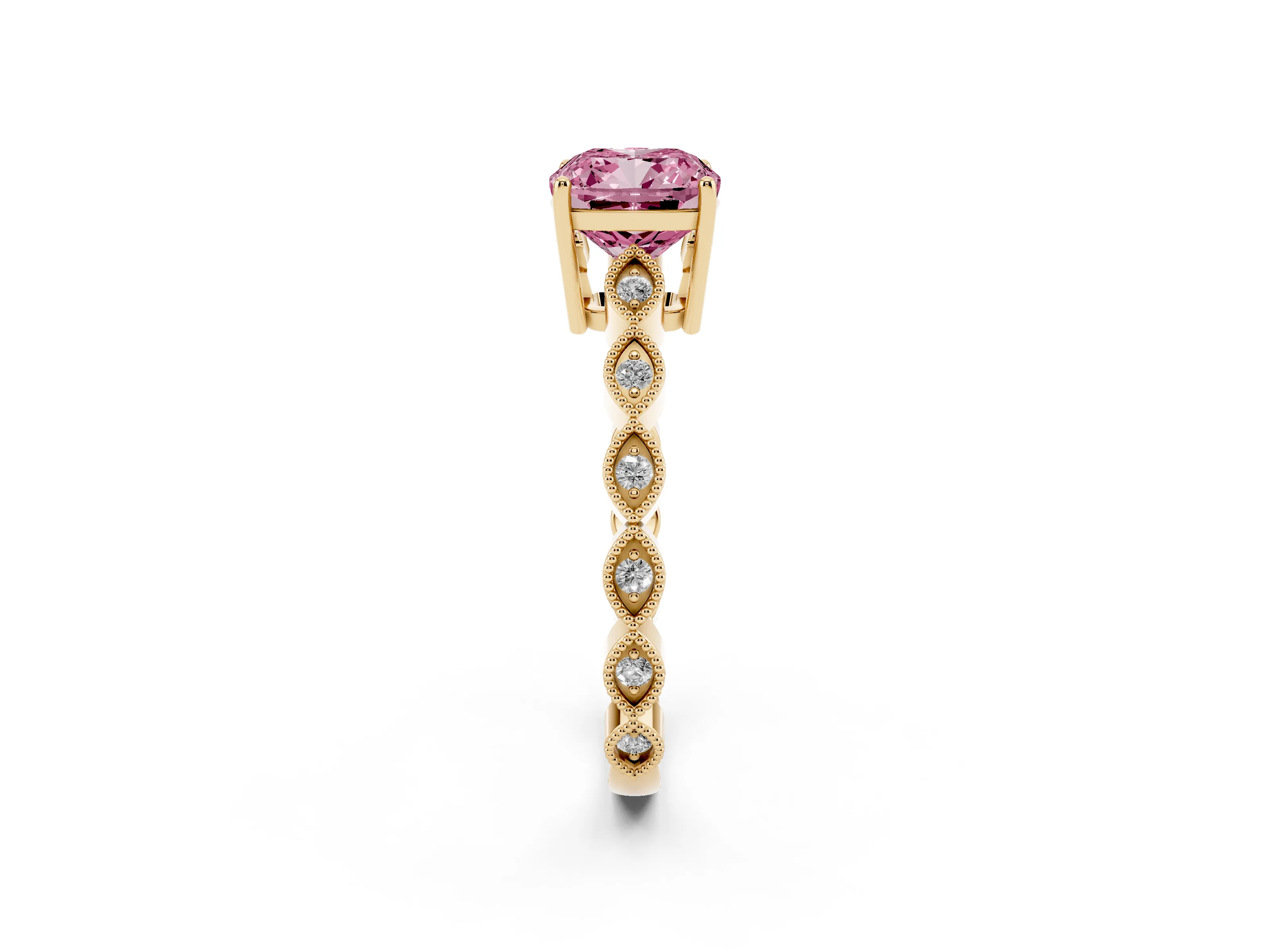 Fancy Pink Cushion Cut Diamond Solitaire Ring Set in Yellow gold with Infinity Twist Pavé Band