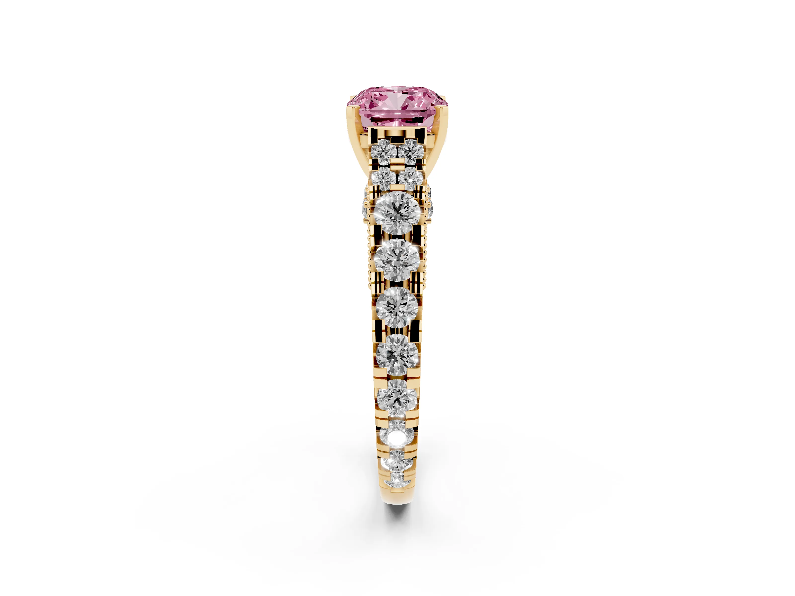 Fancy Pink Cushion Cut Diamond Classic Solitaire Ring Set in Yellow gold with Pavé Band and Prong Setting