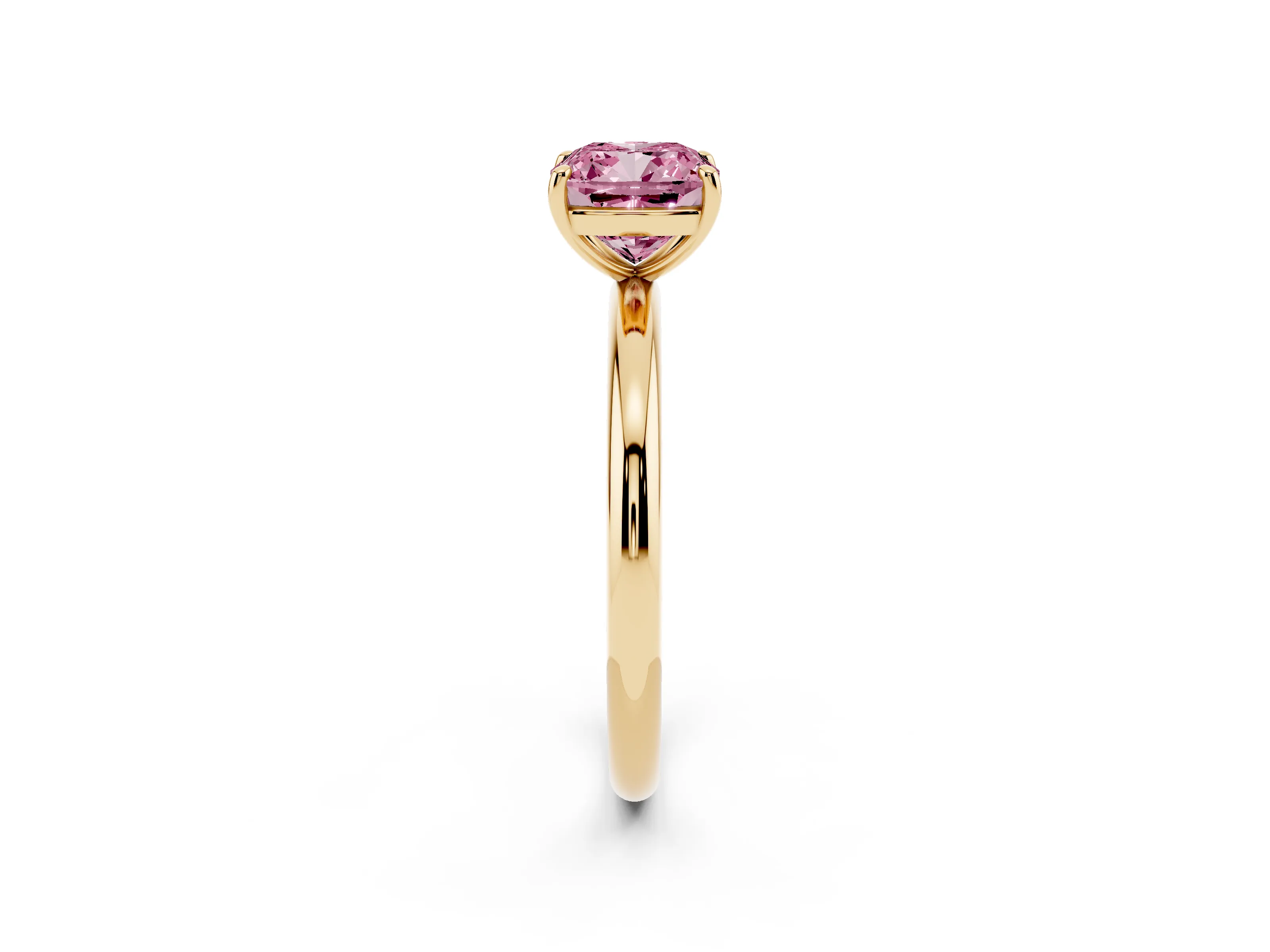 Fancy Pink Cushion Cut Diamond Solitaire Ring Set in Yellow gold with Prong Setting on a Polished Plain Band