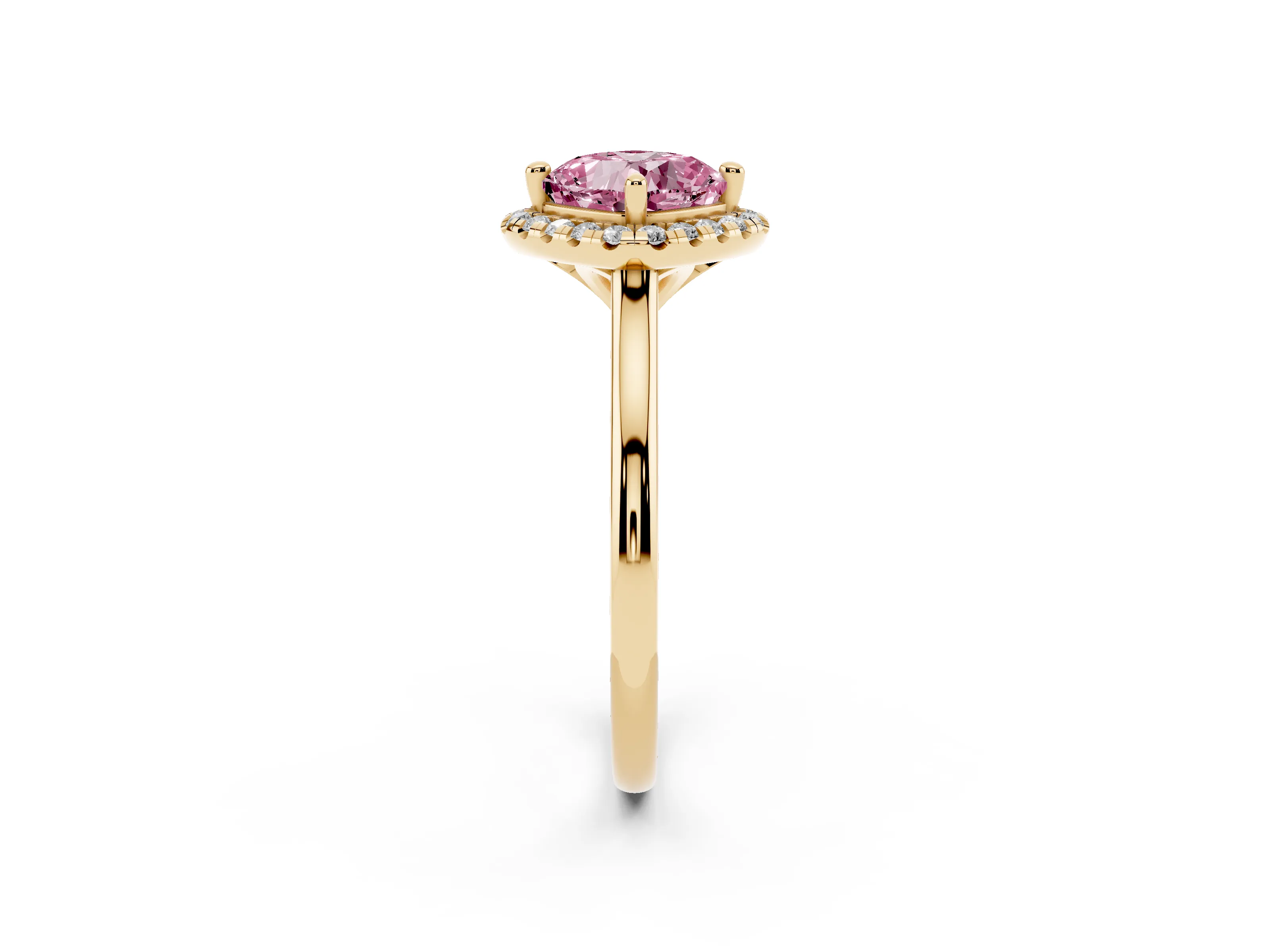 Fancy Pink Cushion Cut Diamond Halo Engagement Ring Set in Yellow gold with Pavé Band and Rising Shoulders
