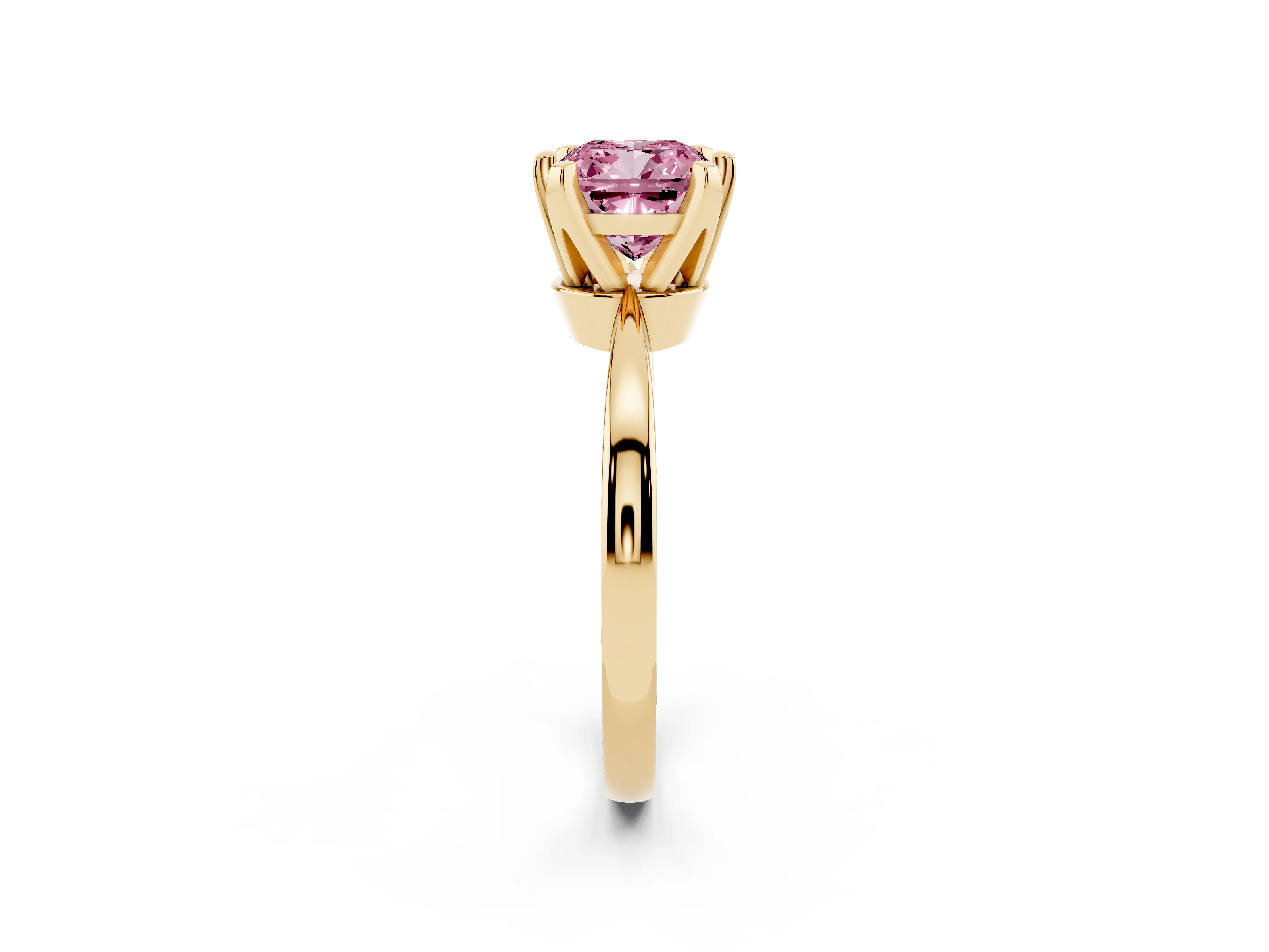Fancy Pink Cushion Cut Diamond Solitaire Engagement Ring Set in Yellow gold with Slim Tapered Solitaire Band