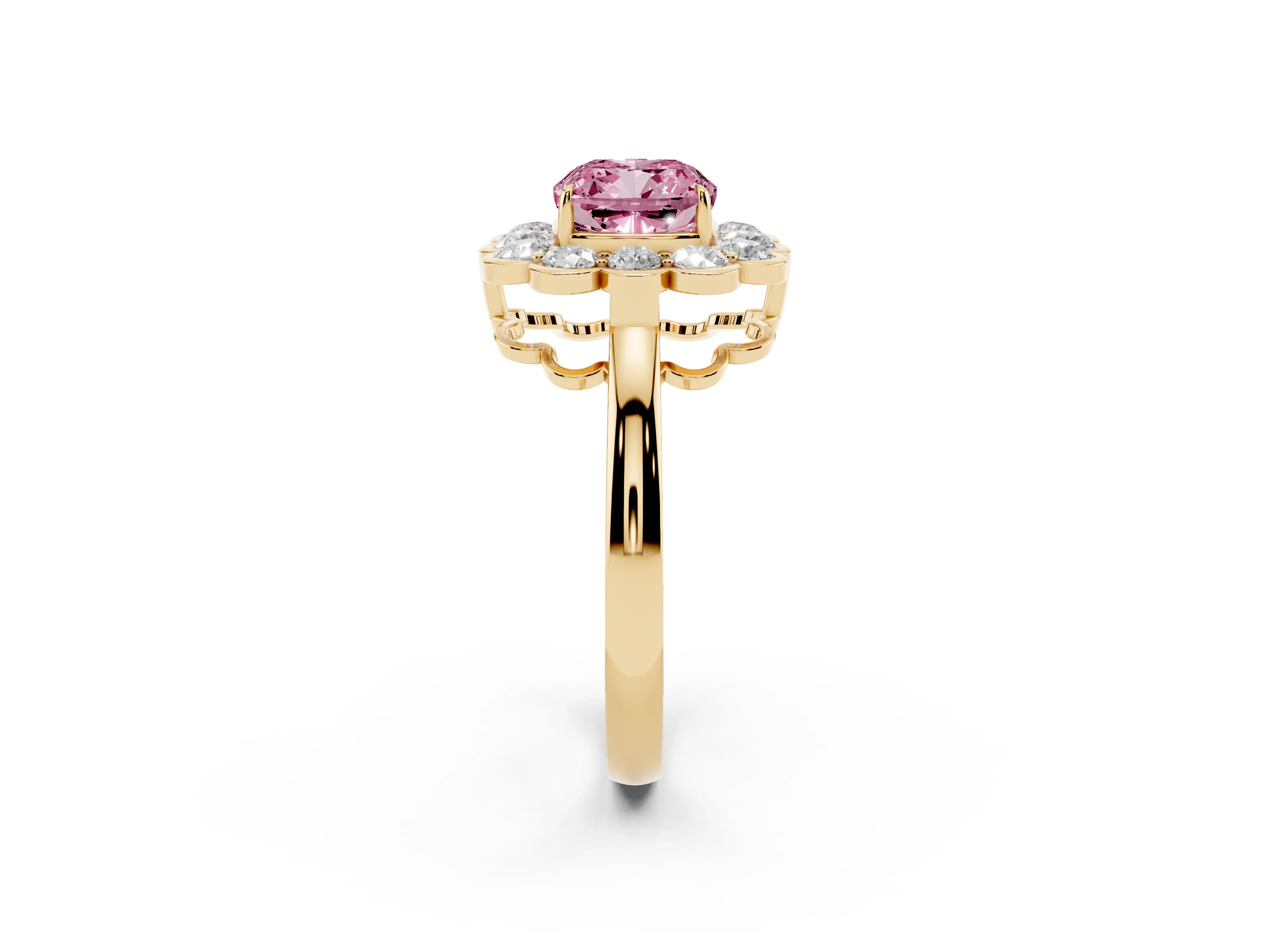 Fancy Pink Cushion Cut Diamond Halo Cluster Engagement Ring Set in Yellow gold with Solitaire Band and Prong Setting