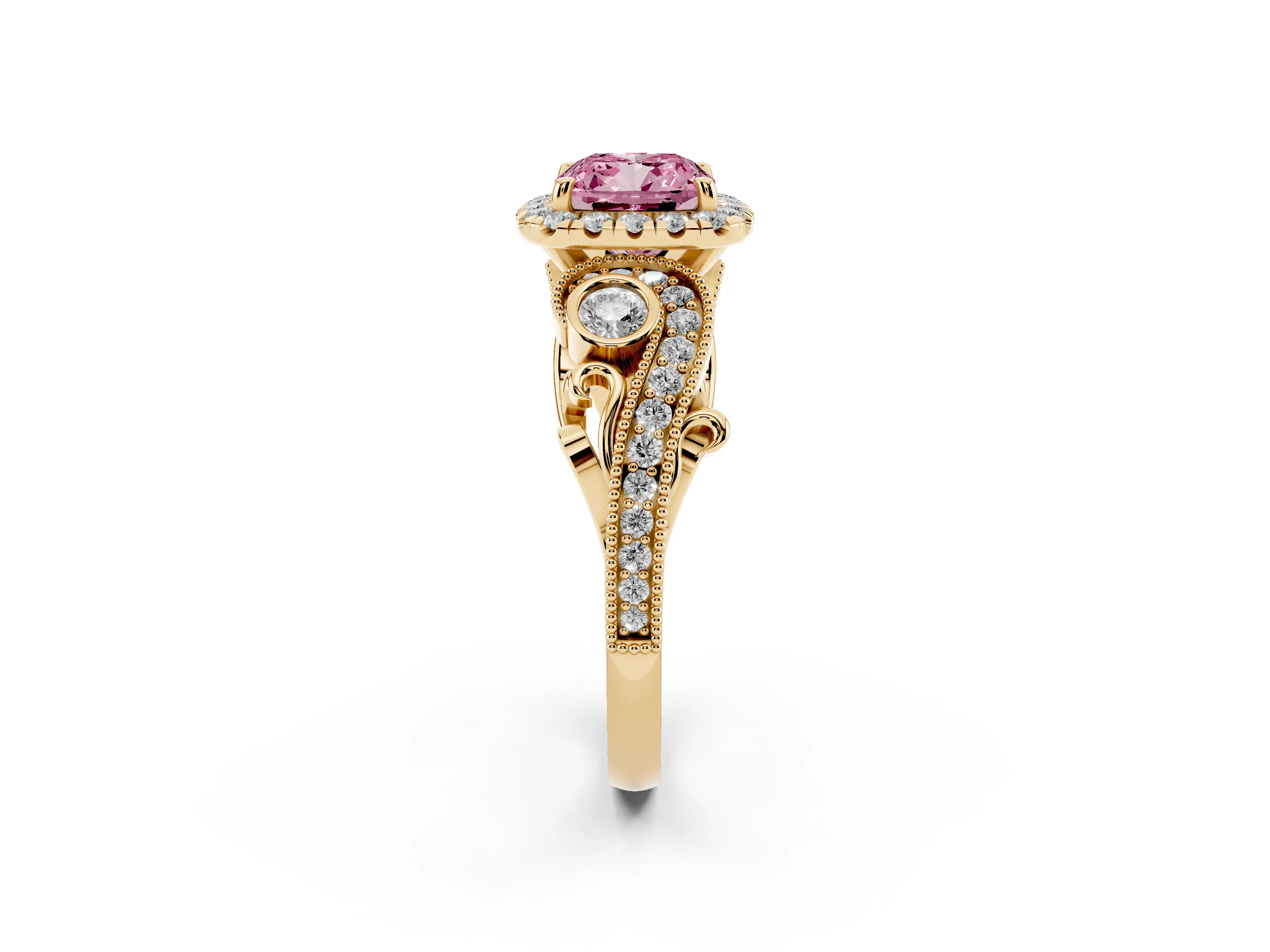 Fancy Pink Cushion Cut Diamond Halo Ring Set in Yellow gold with Milgrain Pavé Band and Prong Setting