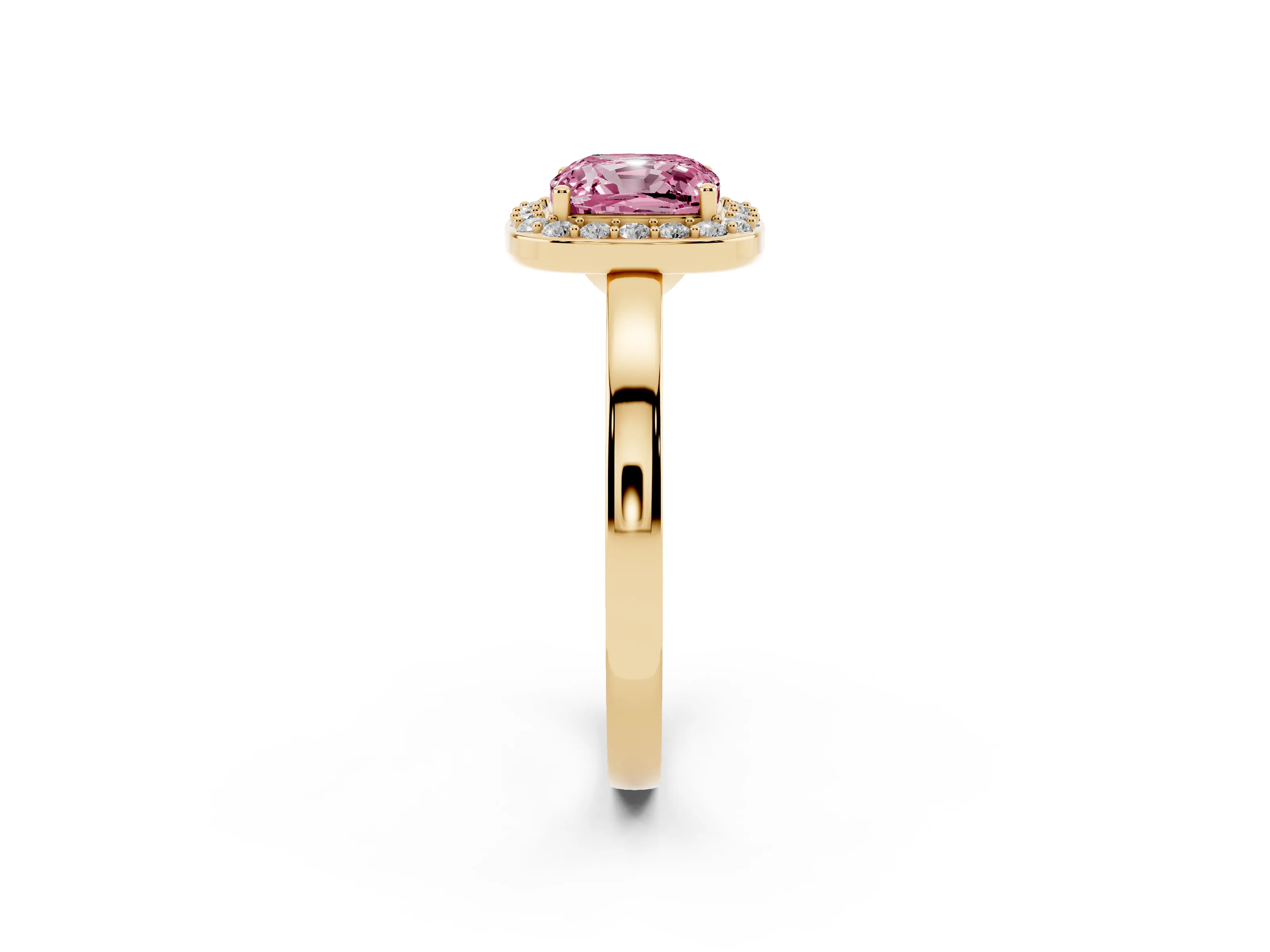 Fancy Pink Cushion Cut Diamond Halo Ring Set in Yellow gold with Solitaire Band and Prong Setting