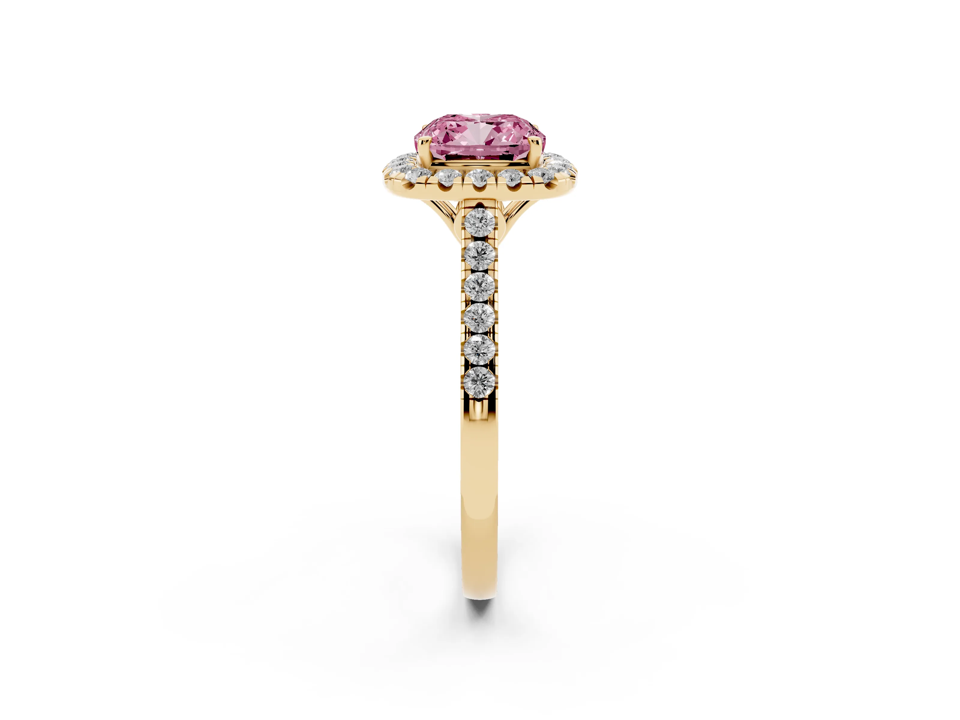 Fancy Pink Cushion Cut Diamond Pavé Halo Engagement Ring Set in Yellow gold with Pavé Band and Prong Setting