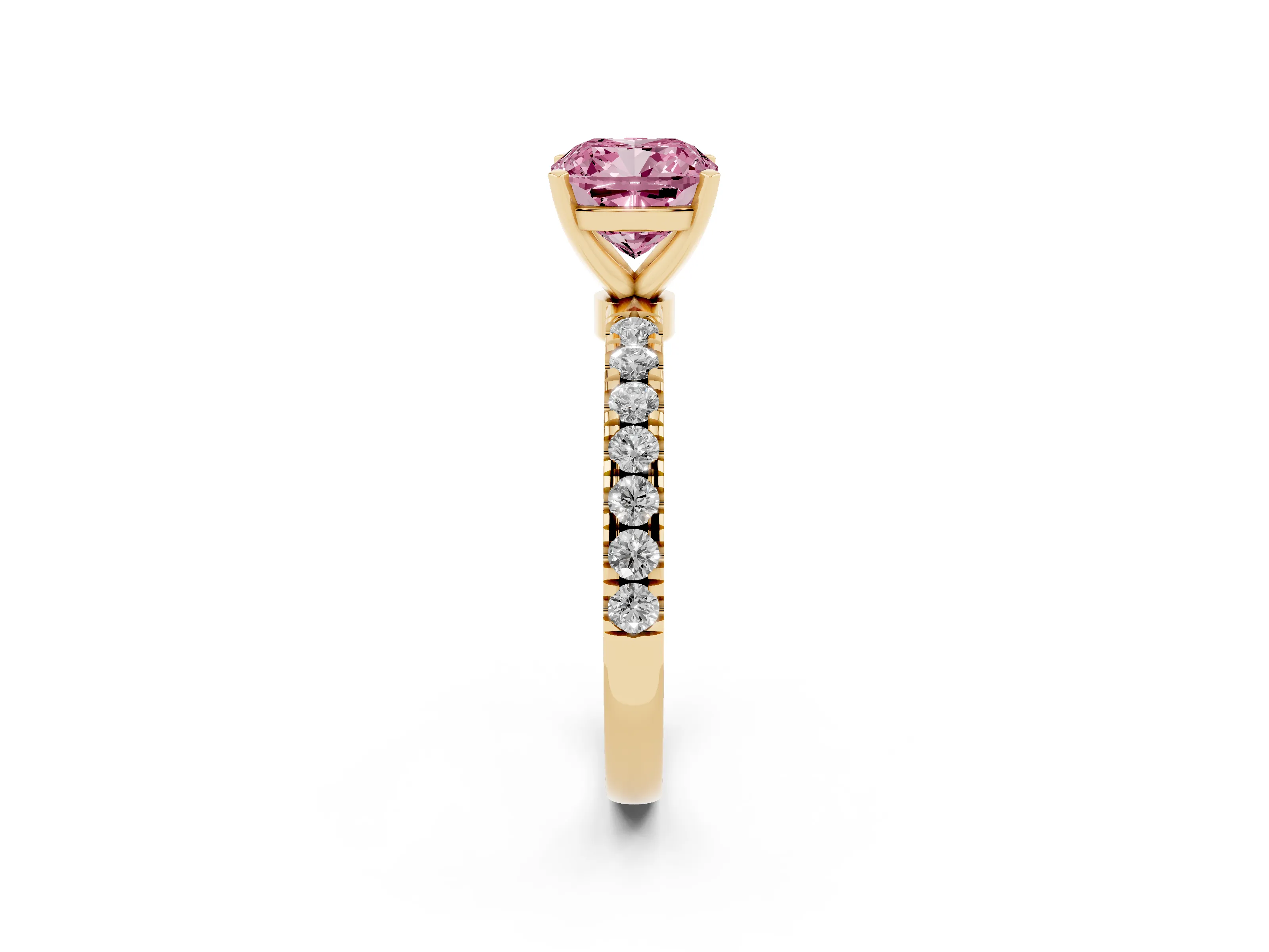 Fancy Pink Cushion Cut Diamond Solitaire Ring Set in Yellow gold with Pavé Accents and Prong Setting