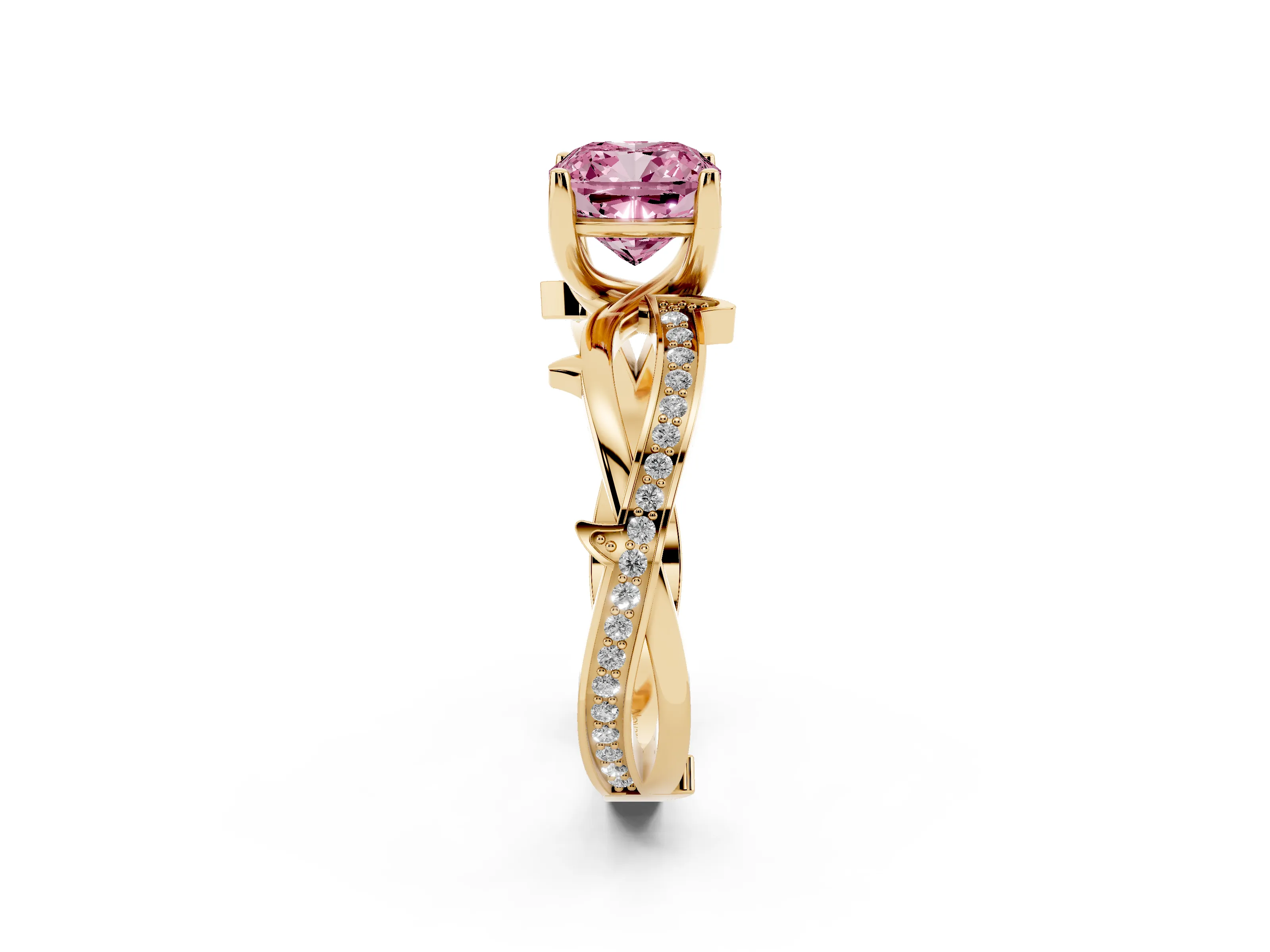 Fancy Pink Cushion Cut Diamond Pavé Twist Band Solitaire Ring Set in Yellow gold with Prong Setting