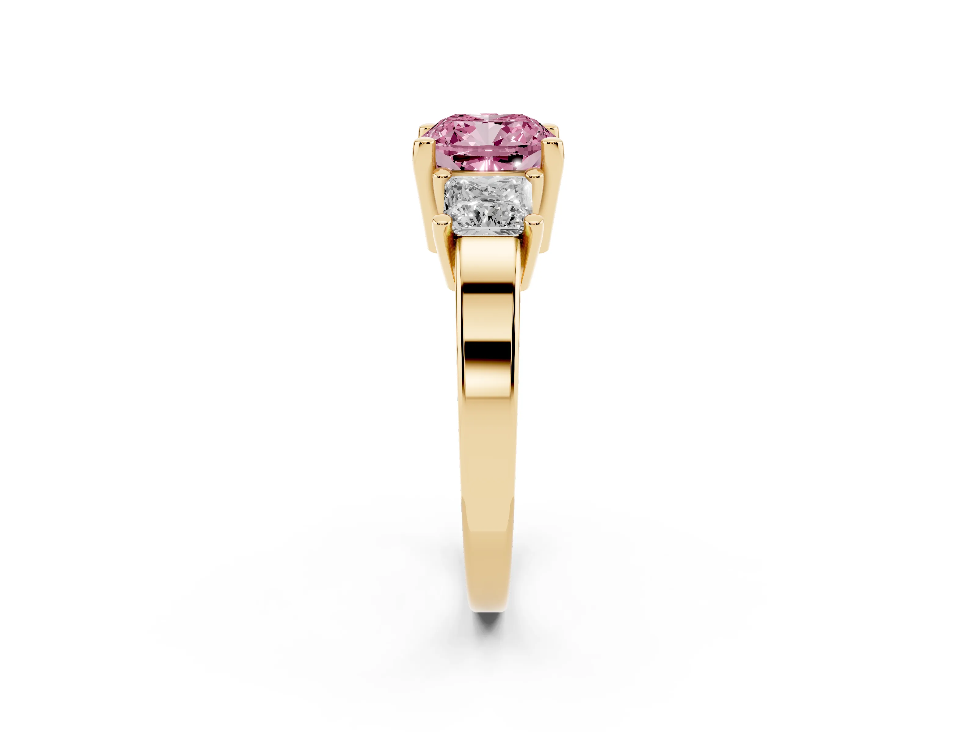 Fancy Pink Three-Stone Cushion Cut Diamond Solitaire Ring Set in Yellow gold with Prong Setting
