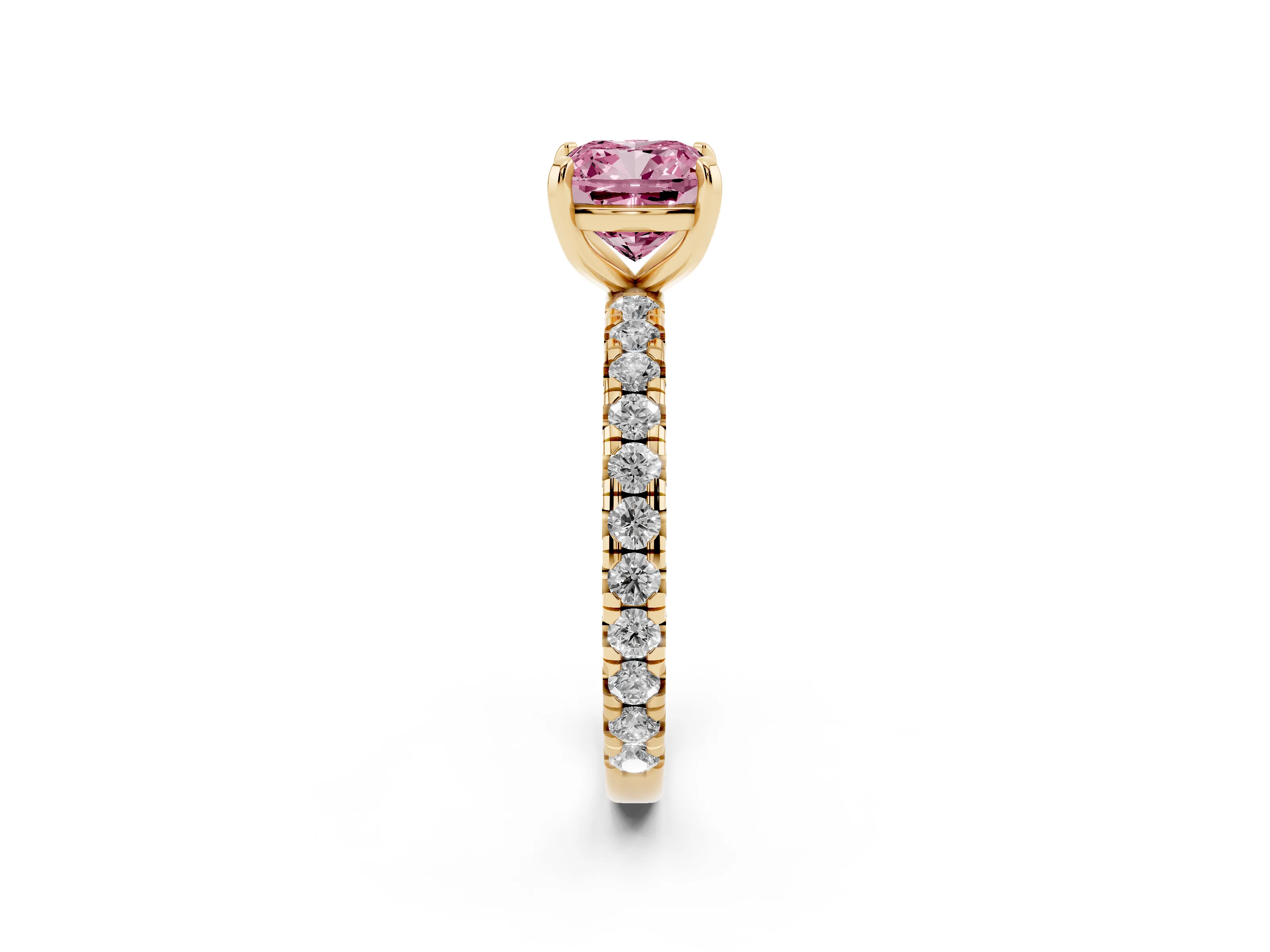 Fancy Pink Cushion Cut Diamond Pavé Solitaire Ring Set in Yellow gold with Round Band and Prong Setting