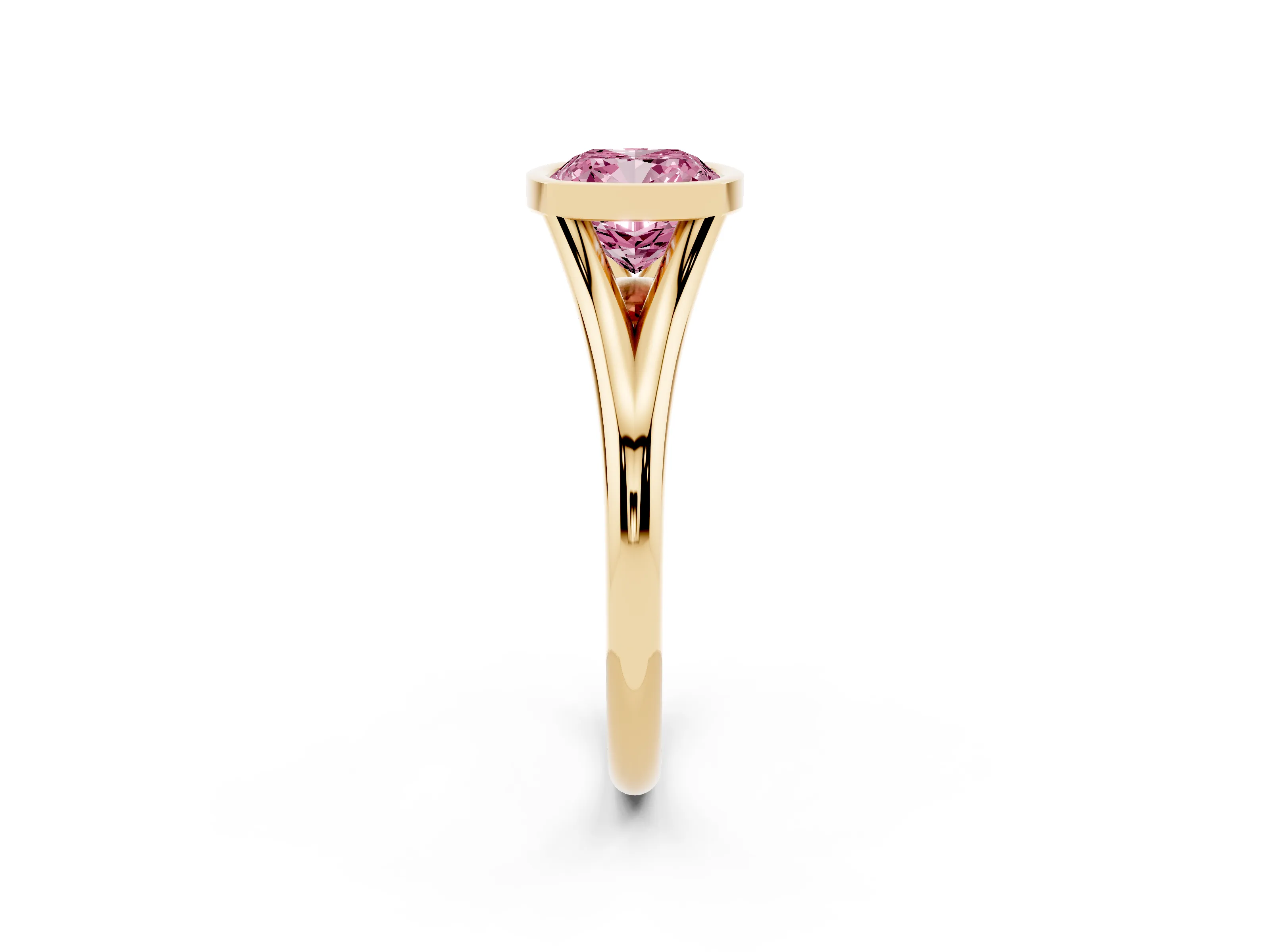 Fancy Pink Bezel Set Cushion Cut Diamond Solitaire Ring Set in Yellow gold with Tapered Band