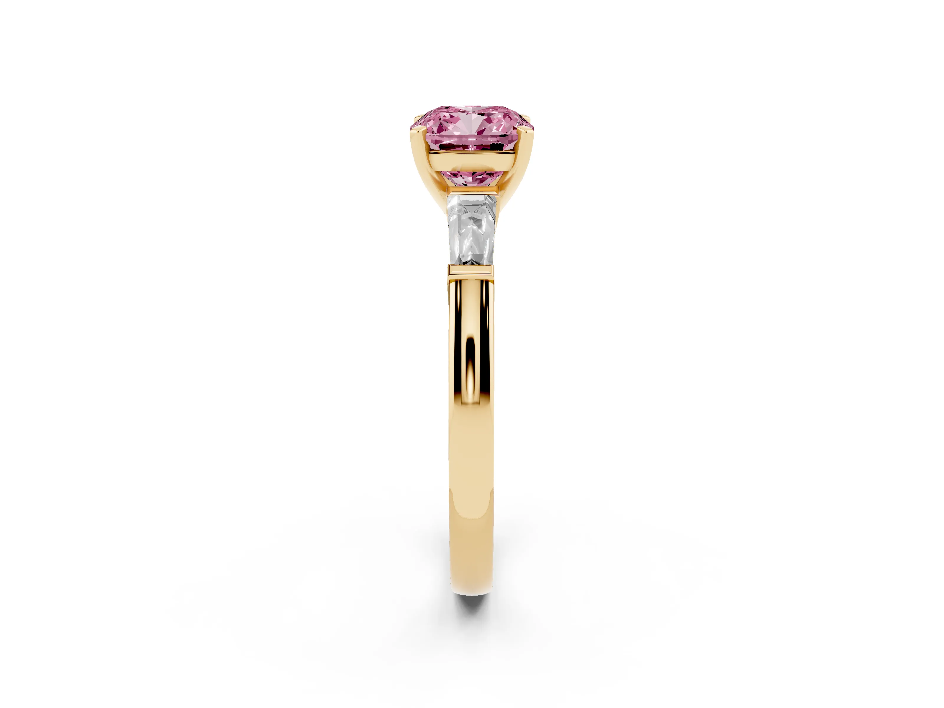 Fancy Pink Cushion Cut Diamond Solitaire Ring Set in Yellow gold with Tapered Baguette Side Stones and Prong Setting
