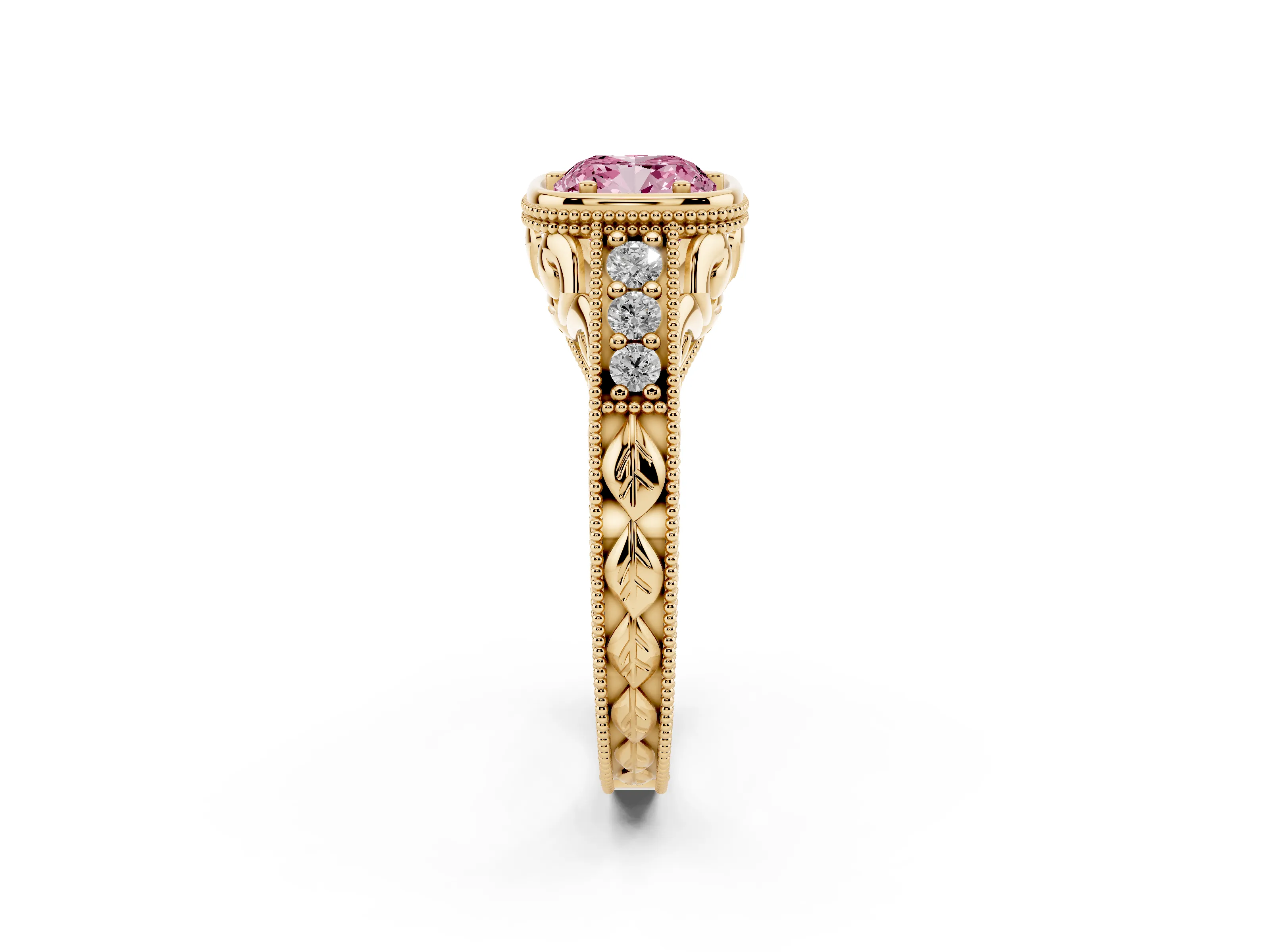 Fancy Pink Bezel Set Cushion Cut Diamond Milgrain Pavé Engagement Ring Set in Yellow gold