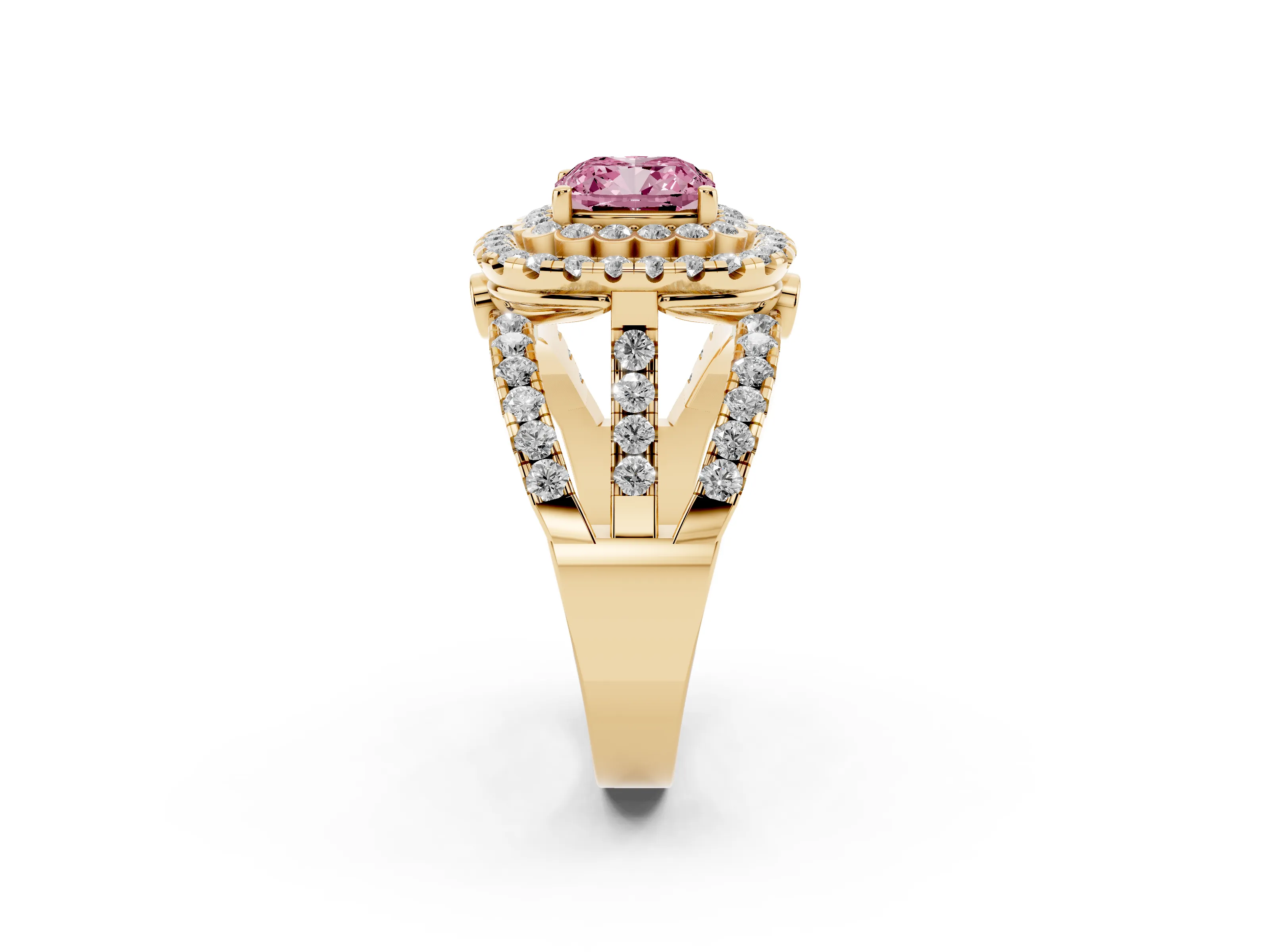 Fancy Pink Cushion Cut Diamond Double Halo Ring Set in Yellow gold with Round Pavé Split Shank