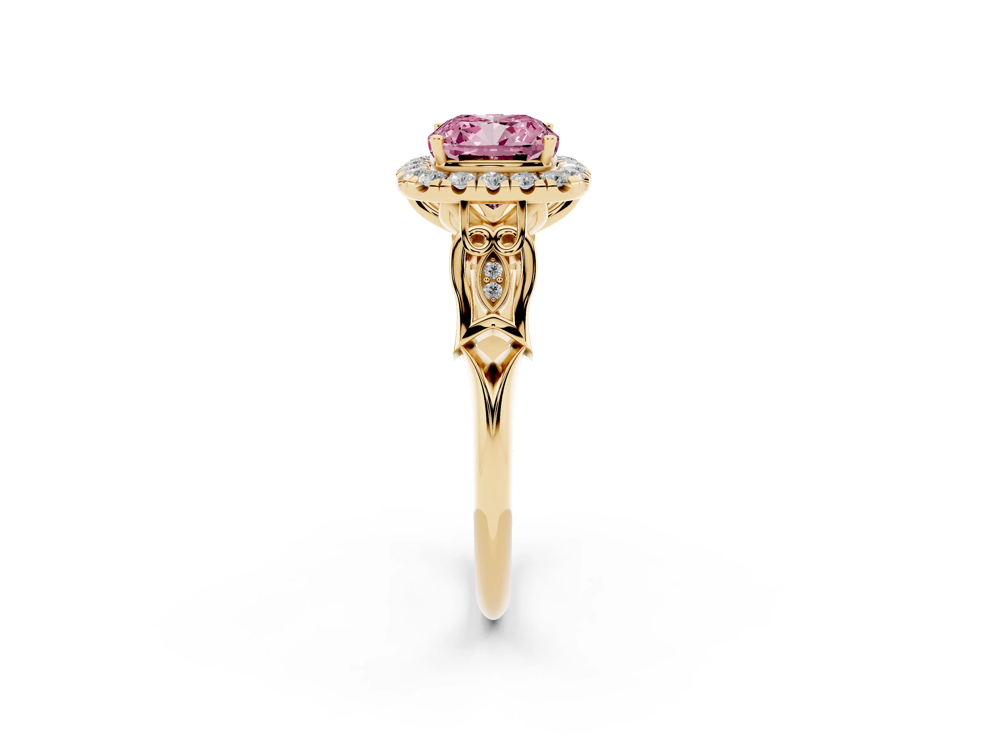 Fancy Pink Cushion Cut Diamond Halo Engagement Ring Set in Yellow gold with Filigree Band and Prong-Set Center