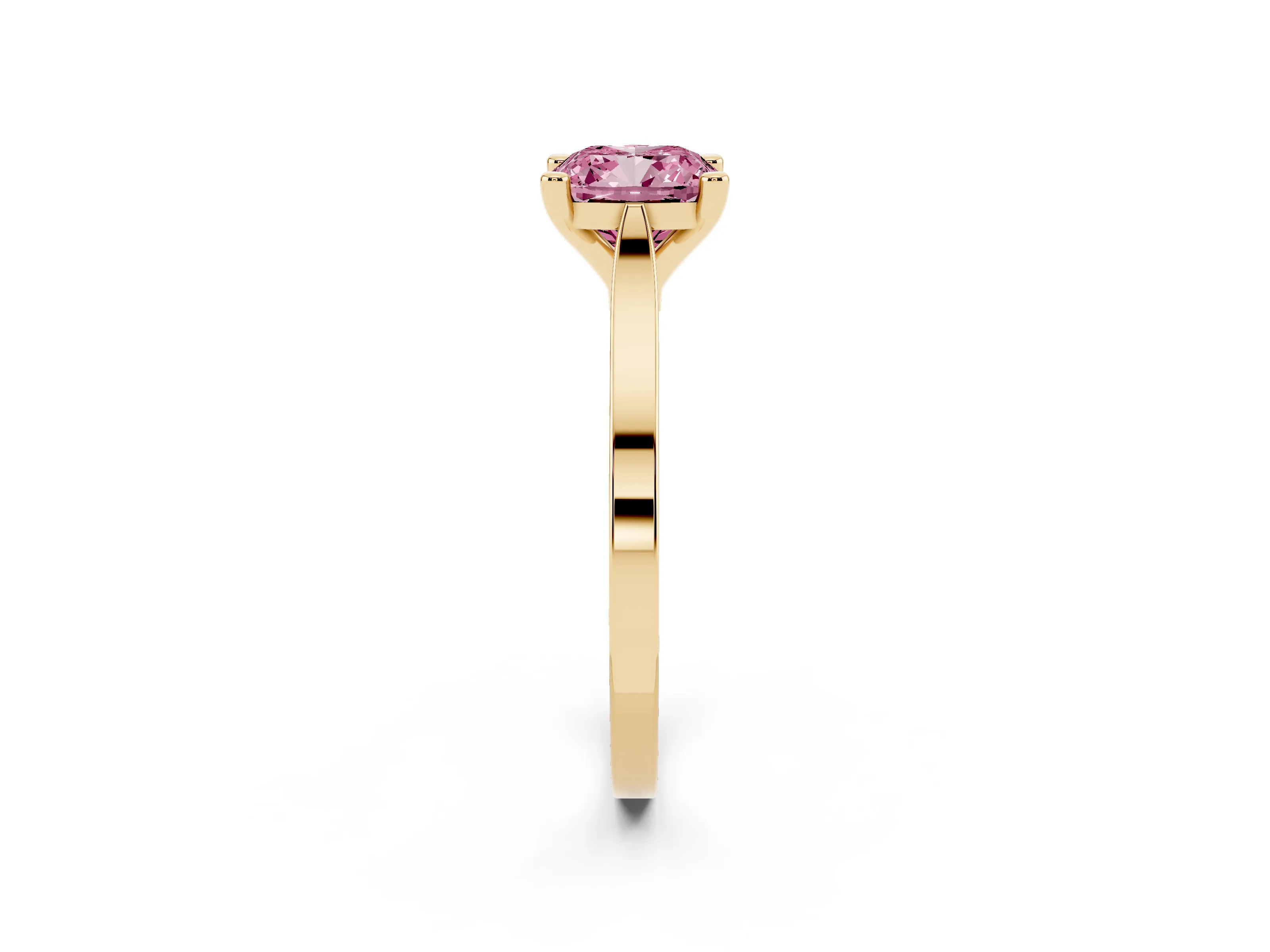 Fancy Pink Cushion Cut Diamond Solitaire Ring Set in Yellow gold with Prong Setting and Tapered Band