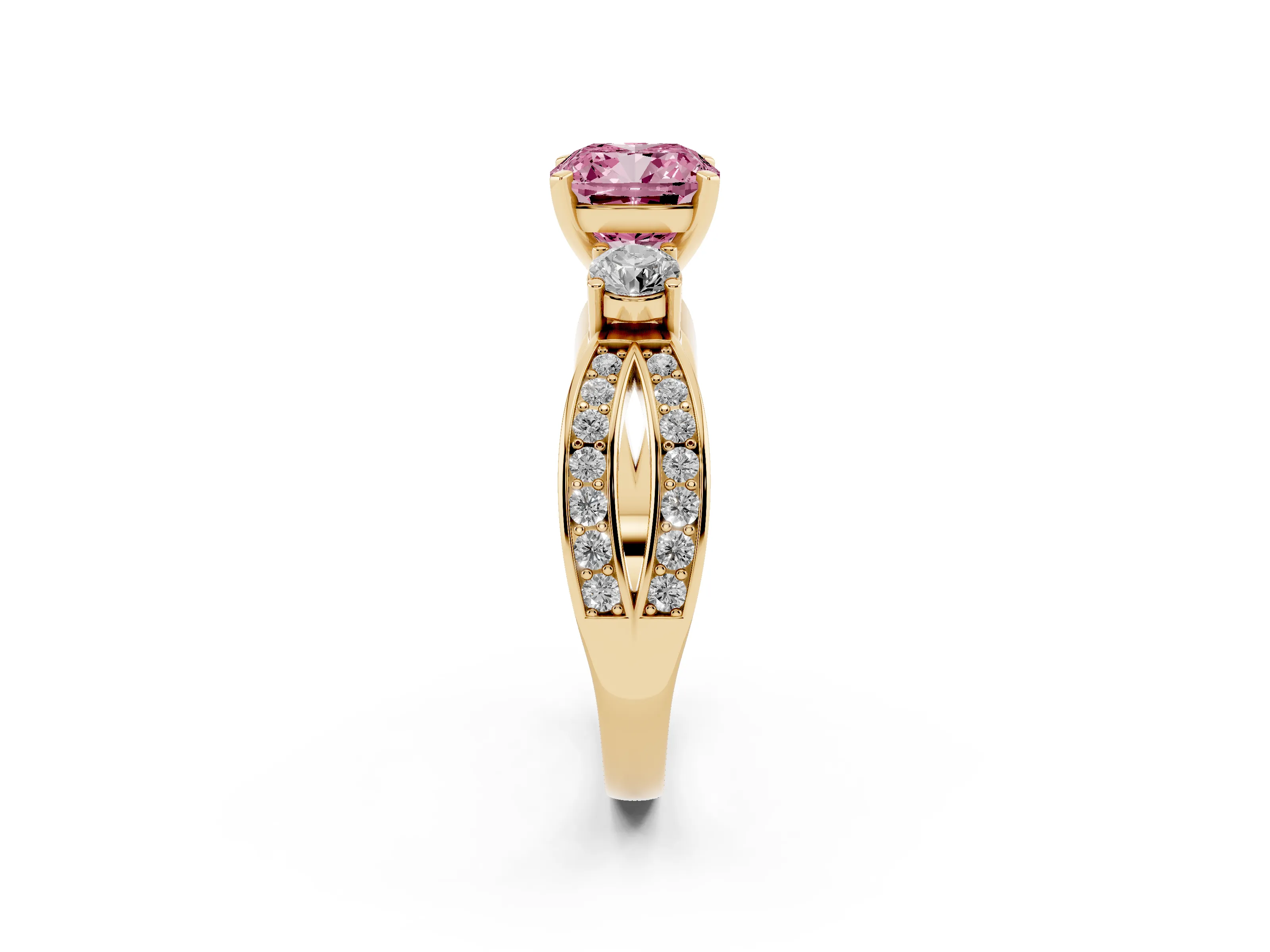 Fancy Pink Three-Stone Cushion Cut Diamond Twist Band Ring Set in Yellow gold with Pavé Accents and Prong Setting