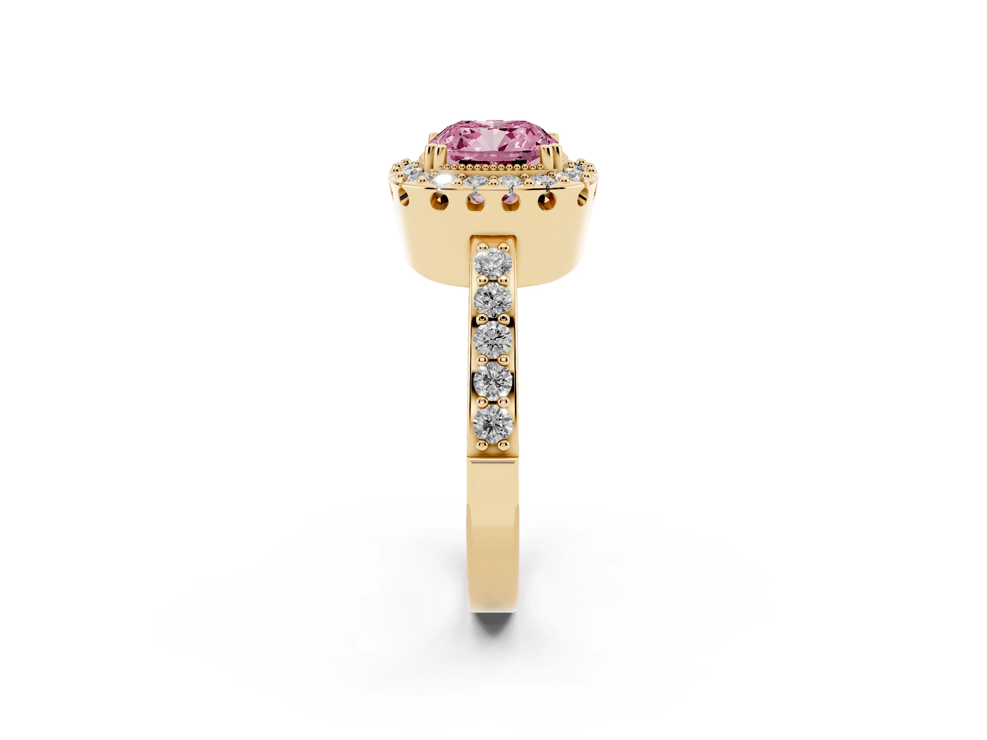Fancy Pink Cushion Cut Diamond Halo Ring Set in Yellow gold with Pavé Shank and Prong Setting