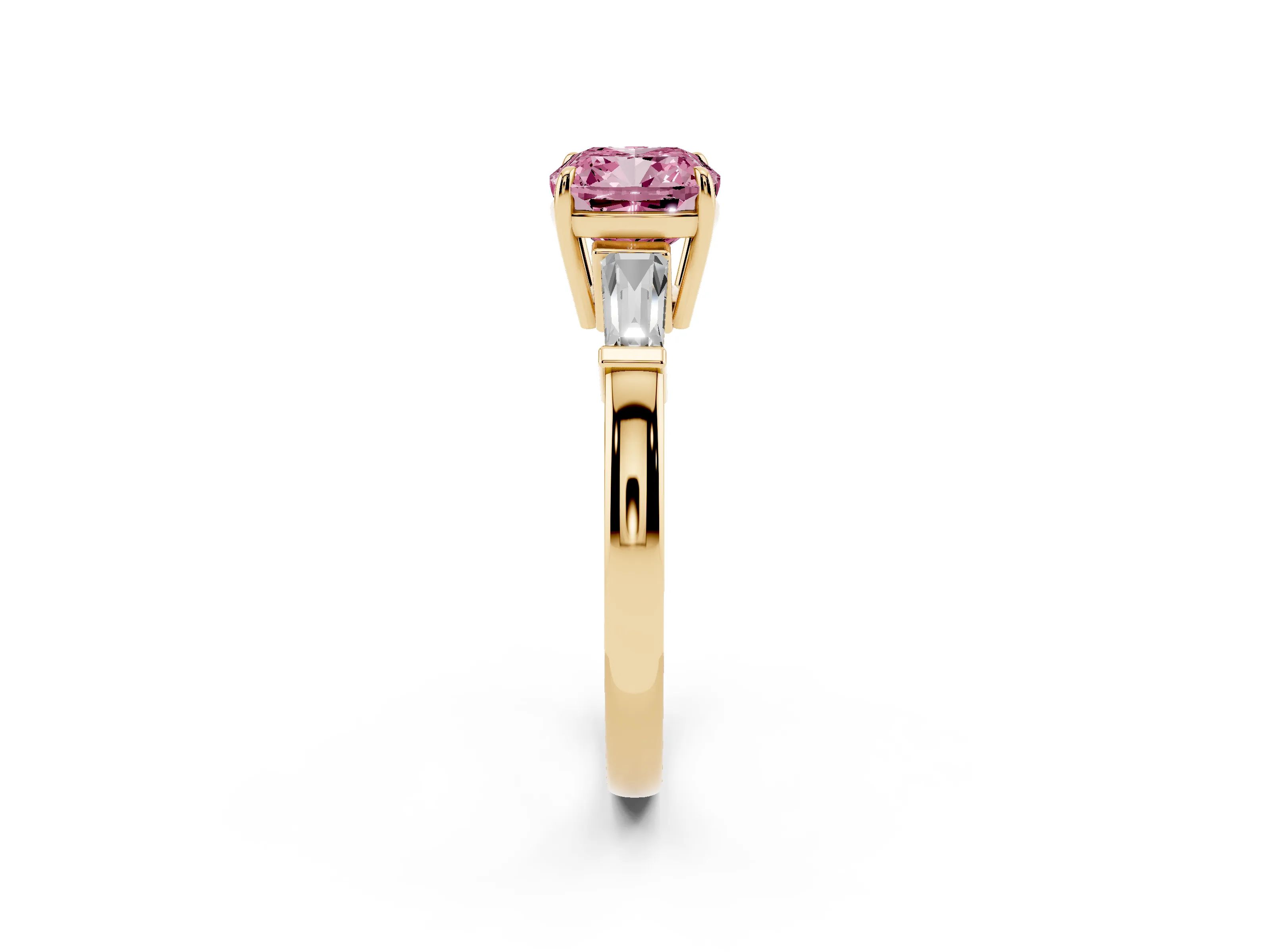 Fancy Pink Cushion Cut Diamond Three-Stone Ring Set in Yellow gold with Tapered Baguette Side Stones and Prong Setting