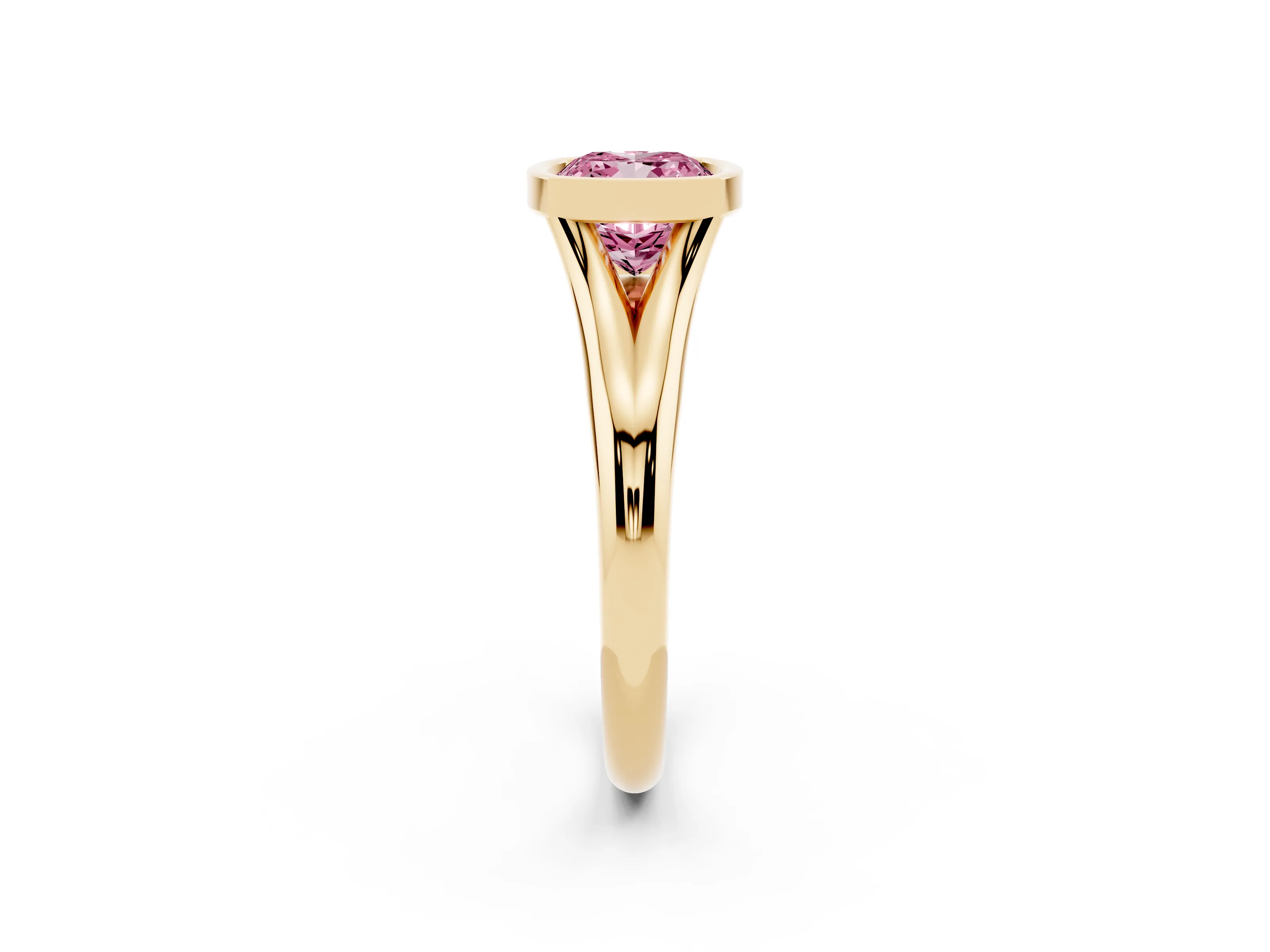Fancy Pink Bezel Set Cushion Cut Diamond Solitaire Ring Set in Yellow gold with Smooth Band