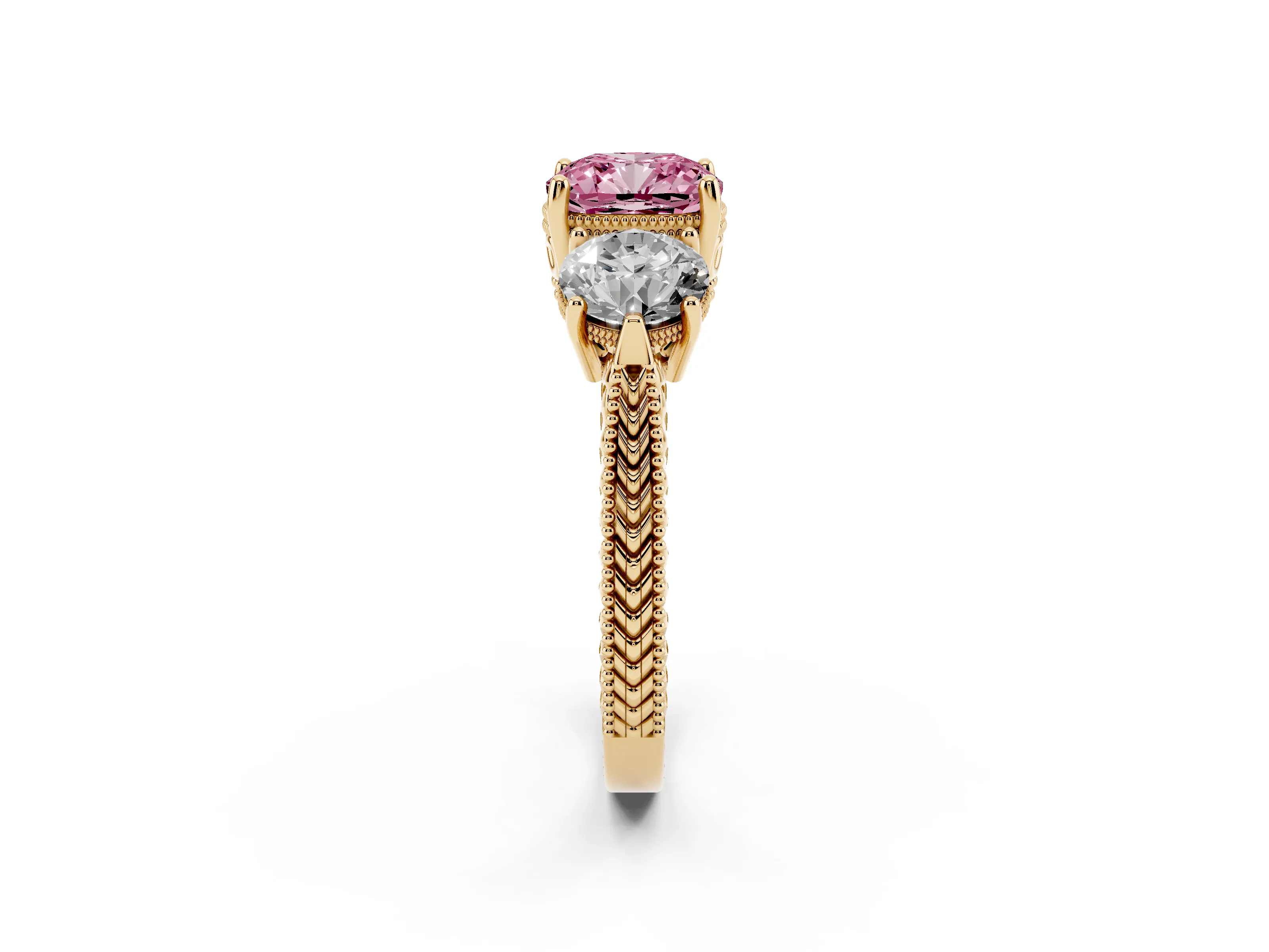 Fancy Pink Cushion Cut Diamond Three-Stone Ring Set in Yellow gold with Milgrain Band