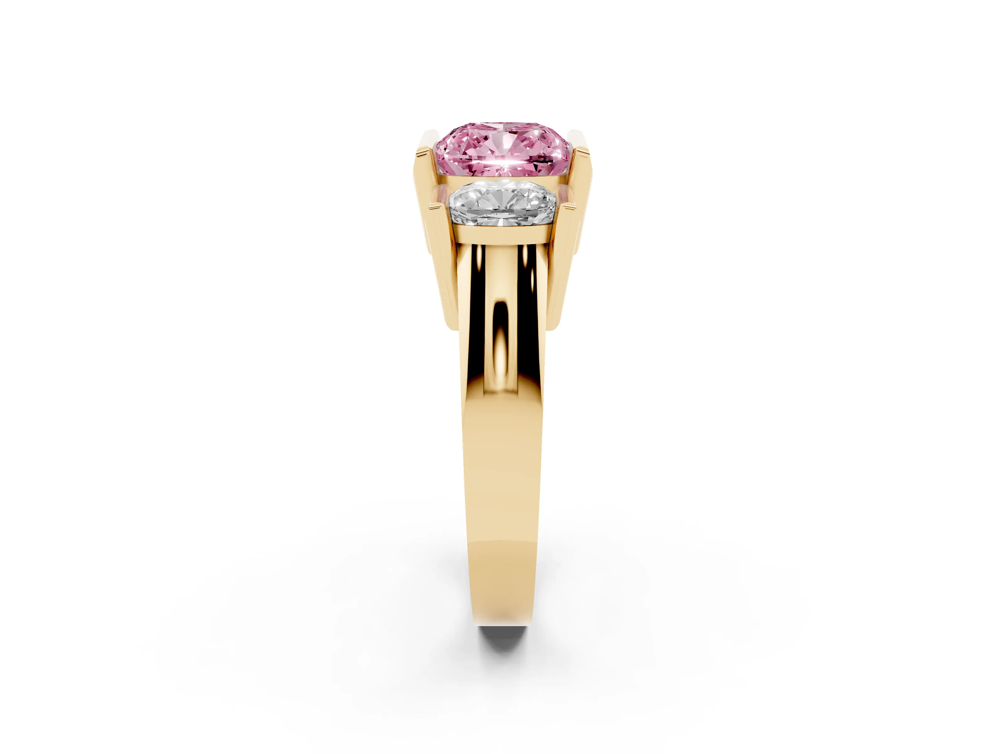 Fancy Pink Cushion Cut Diamond Three-Stone Channel Set Ring Set in Yellow gold with Smooth Polished Band