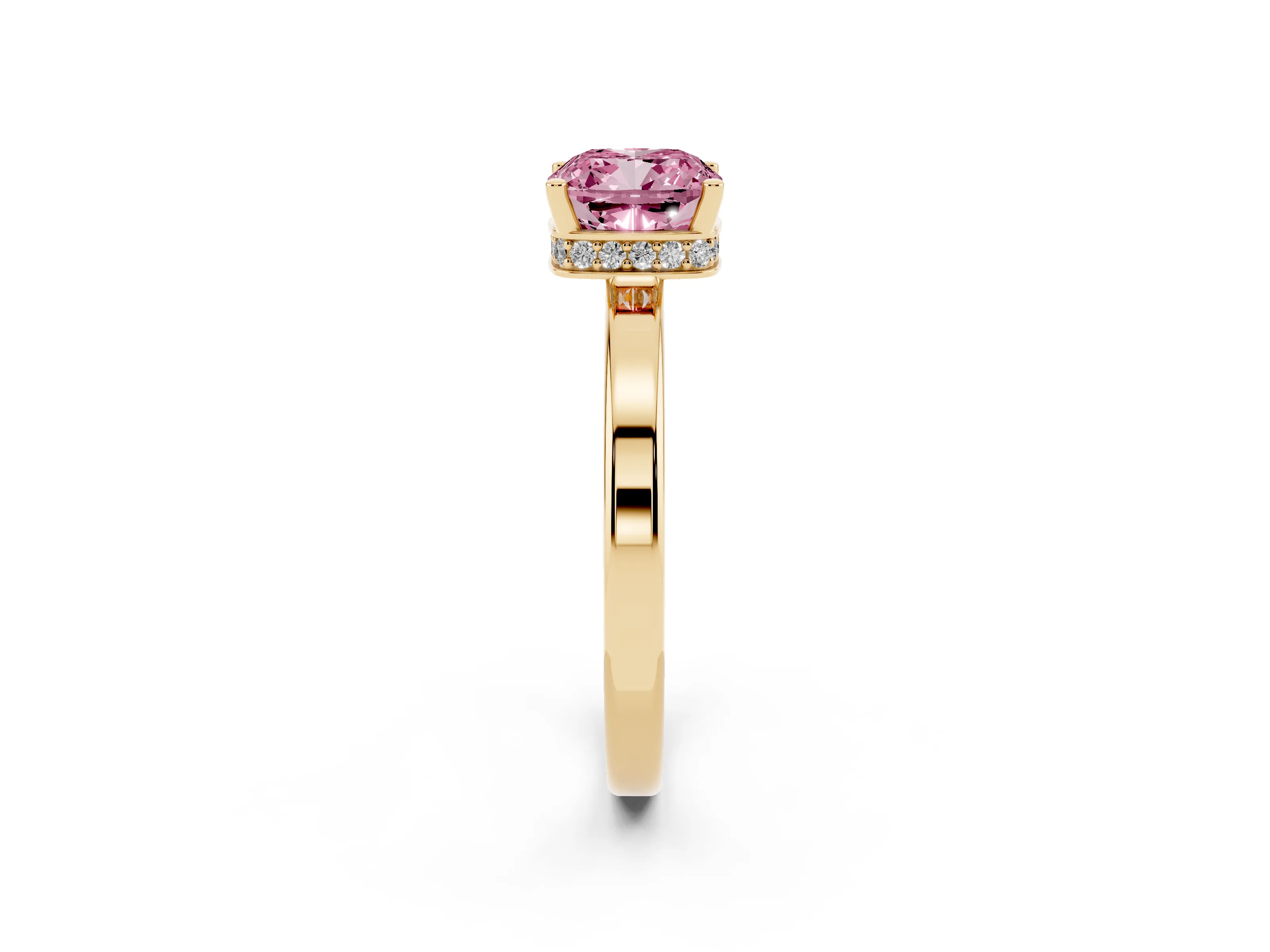 Fancy Pink Cushion Cut Diamond Solitaire Engagement Ring Set in Yellow gold with Prong Setting on a Plain Band