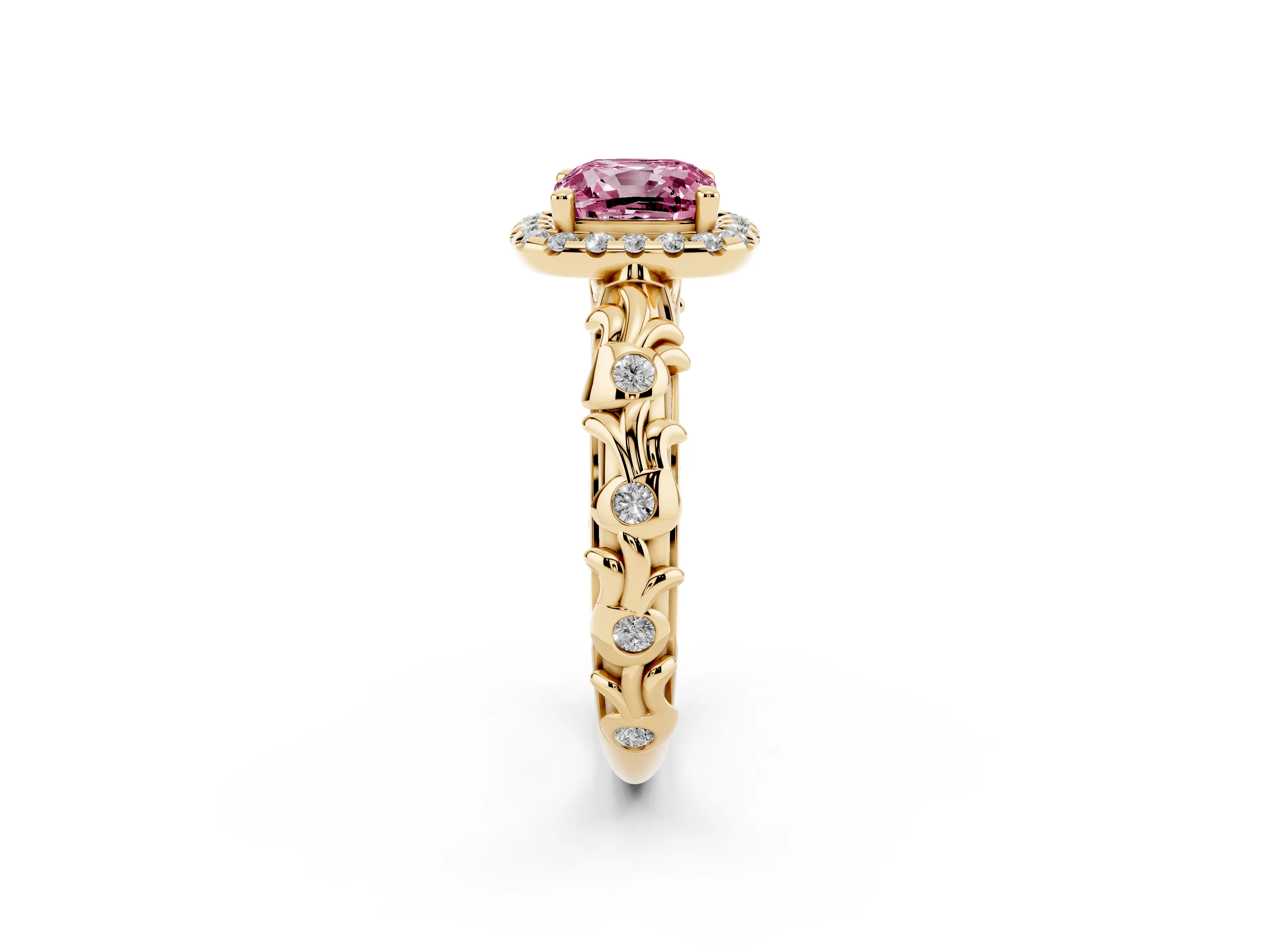 Fancy Pink Cushion Cut Diamond Halo Ring Set in Yellow gold with Filigree Leaf Band and Prong Setting