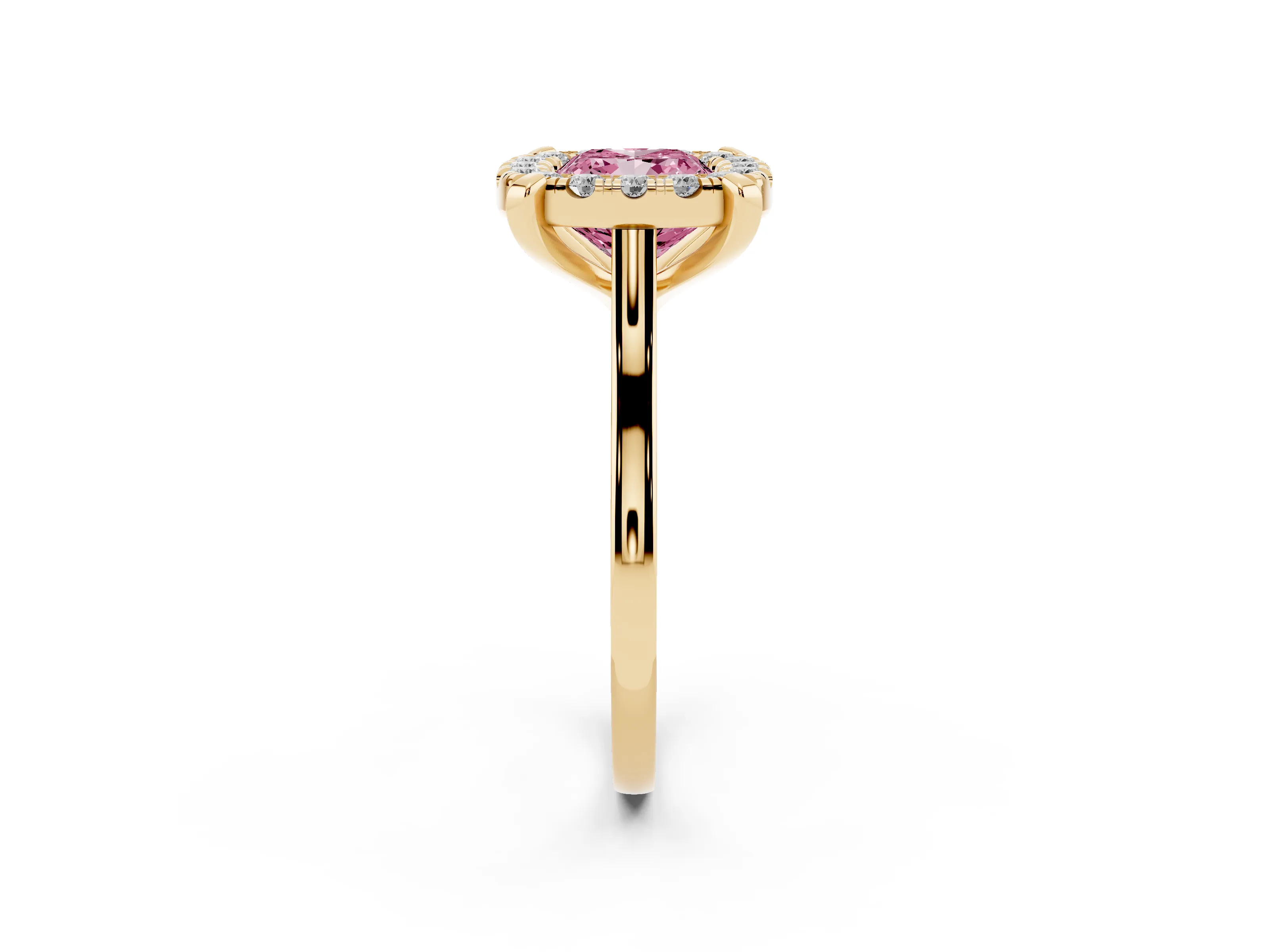 Fancy Pink Cushion Cut Diamond Cluster Halo Solitaire Ring Set in Yellow gold with Prong Setting