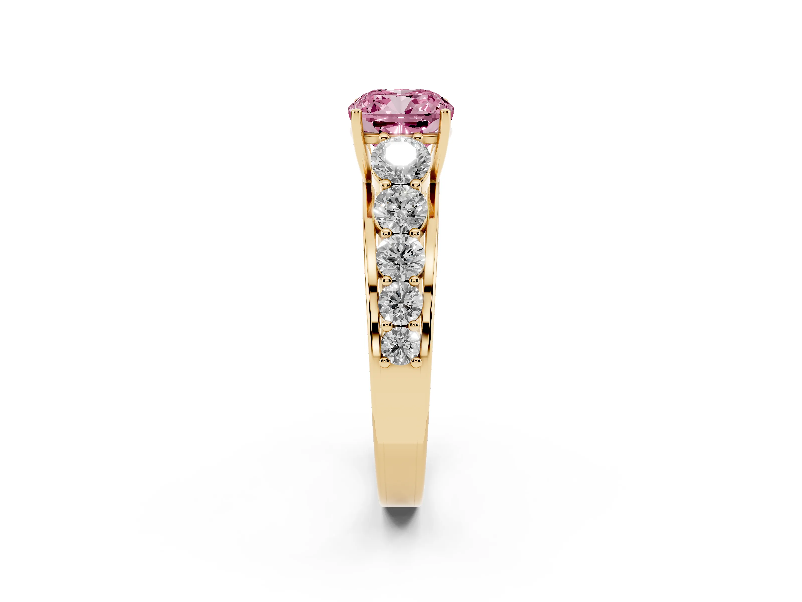 Fancy Pink Cushion Cut Diamond Solitaire Ring Set in Yellow gold with Pavé-Set Band and Prong Setting
