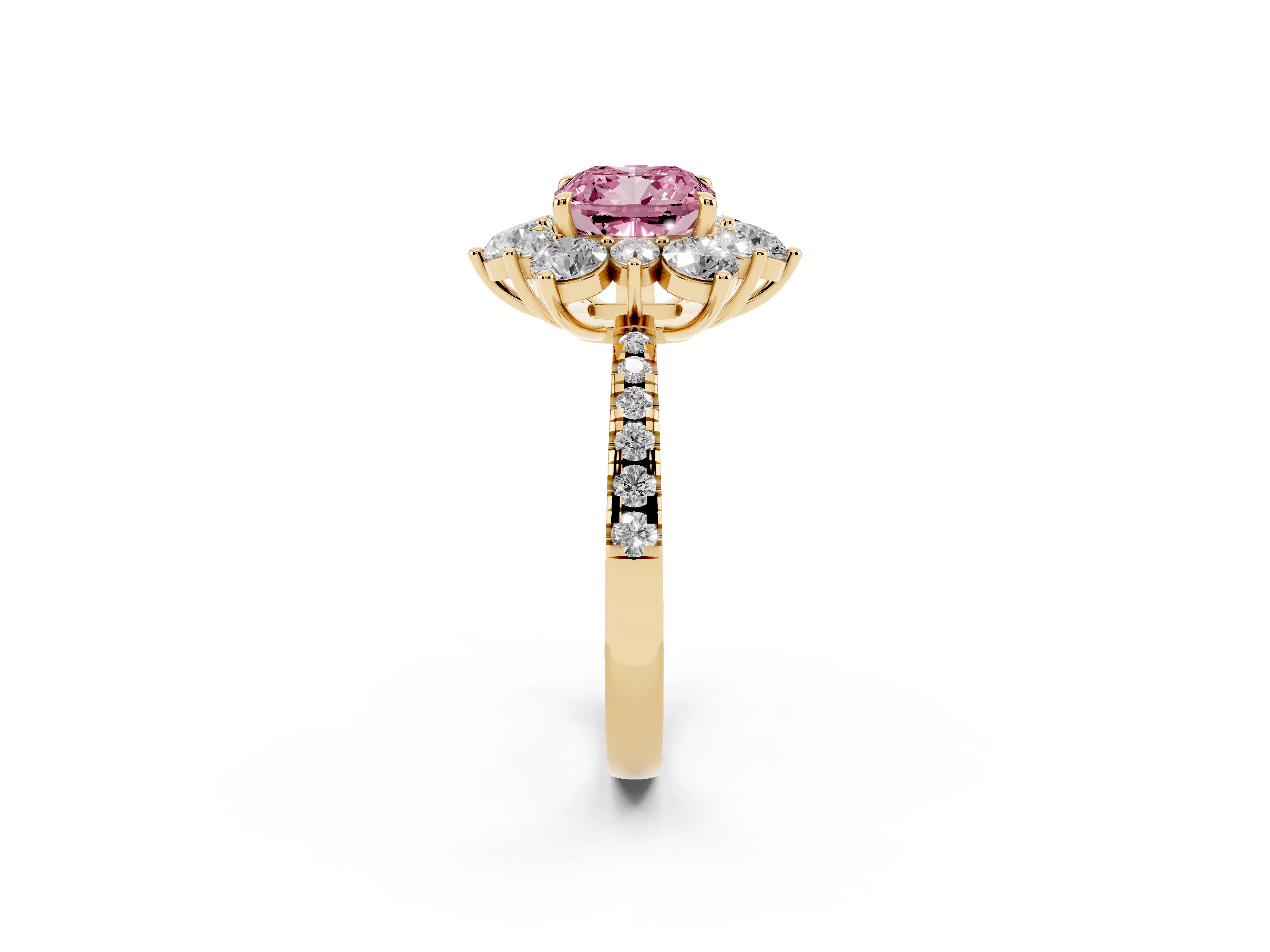 Fancy Pink Cushion Cut Diamond Floral Halo Ring Set in Yellow gold with Round Pavé Band and Prong Setting