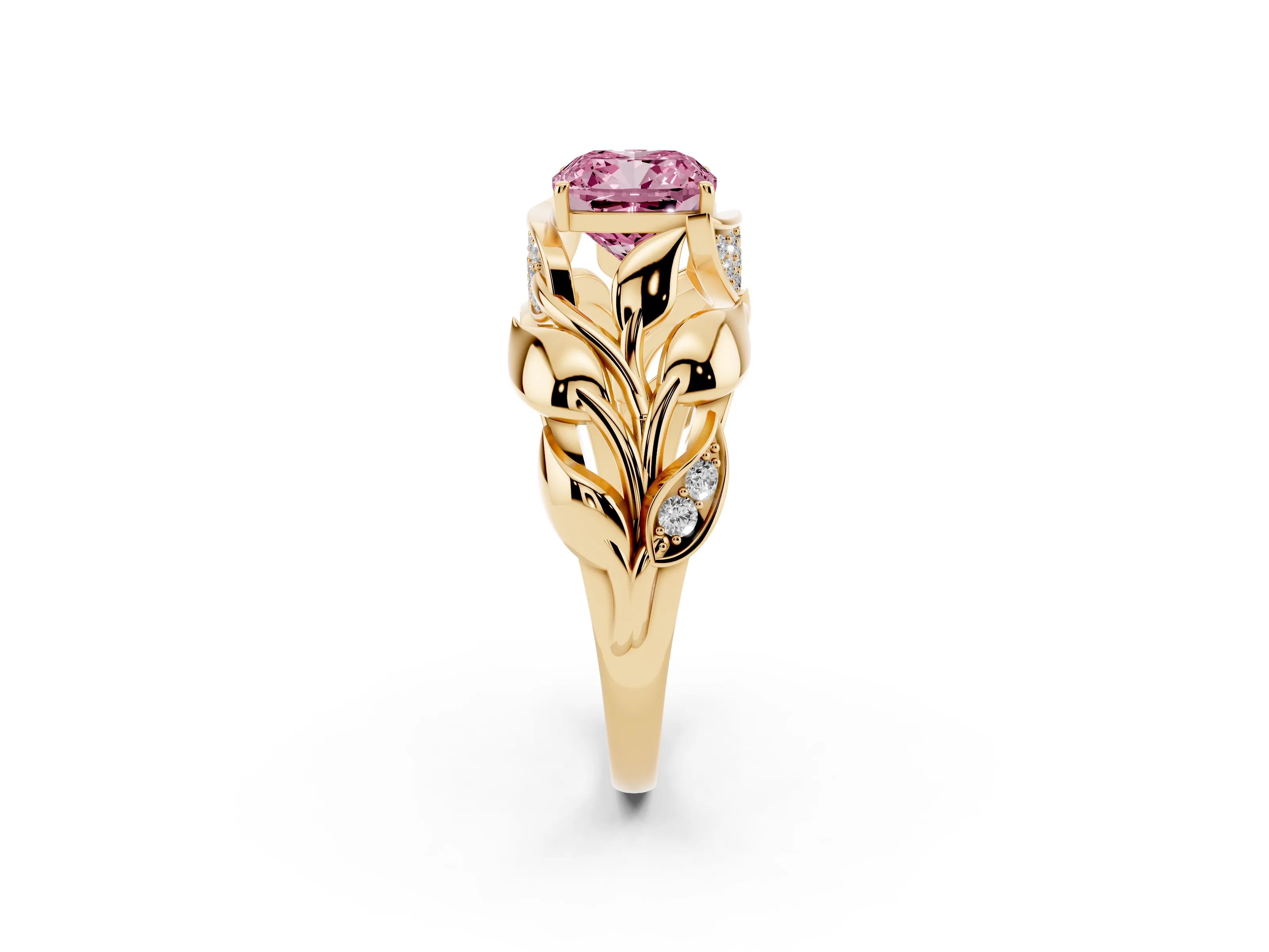 Fancy Pink Cushion Cut Diamond Leaf-Inspired Engagement Ring Set in Yellow gold with Round Accents