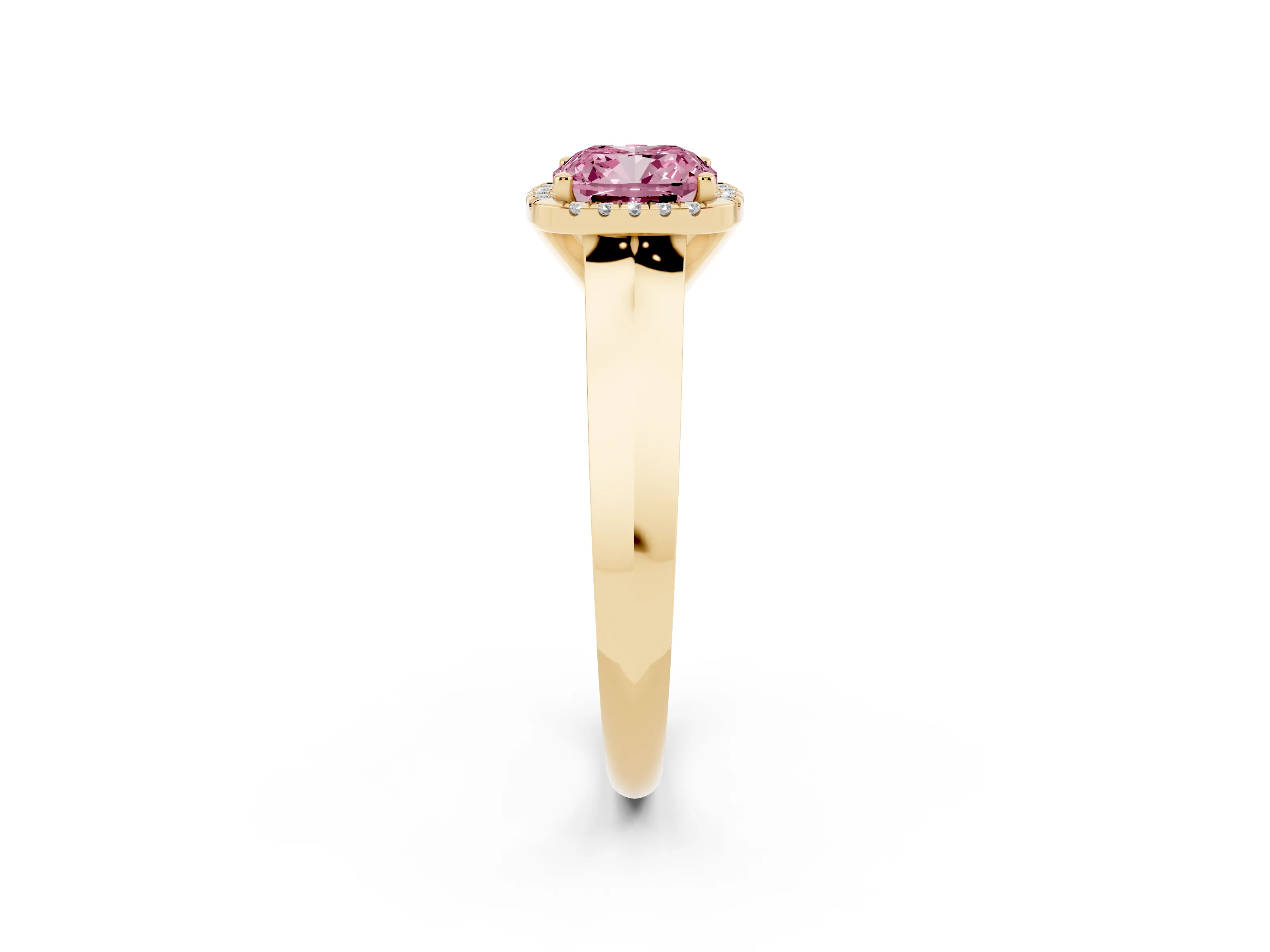 Fancy Pink Cushion Cut Diamond Halo Ring Set in Yellow gold with Cathedral Band and Prong Setting