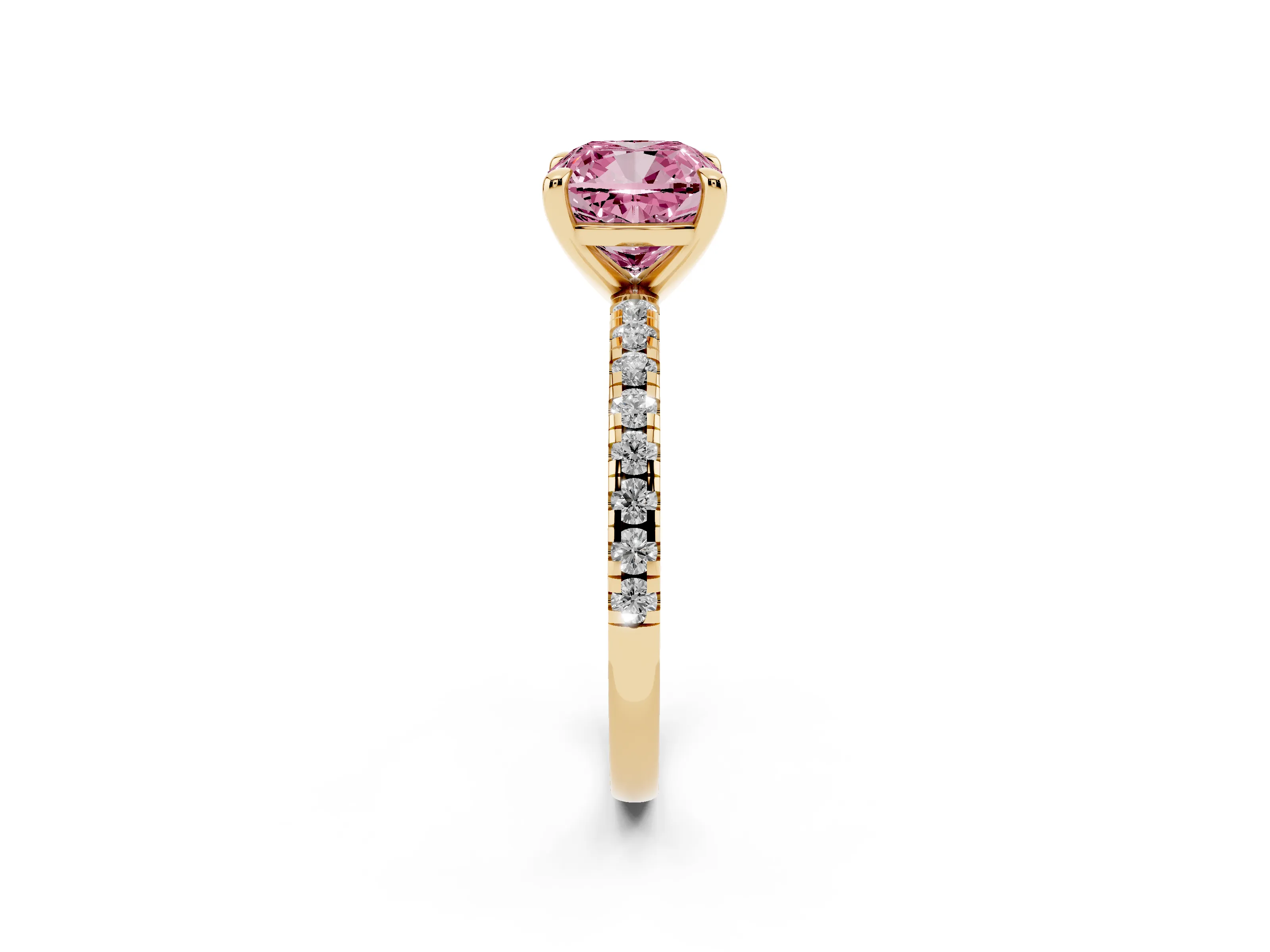 Fancy Pink Cushion Cut Diamond Brilliant Solitaire Ring Set in Yellow gold with Pavé Band and Prong Setting