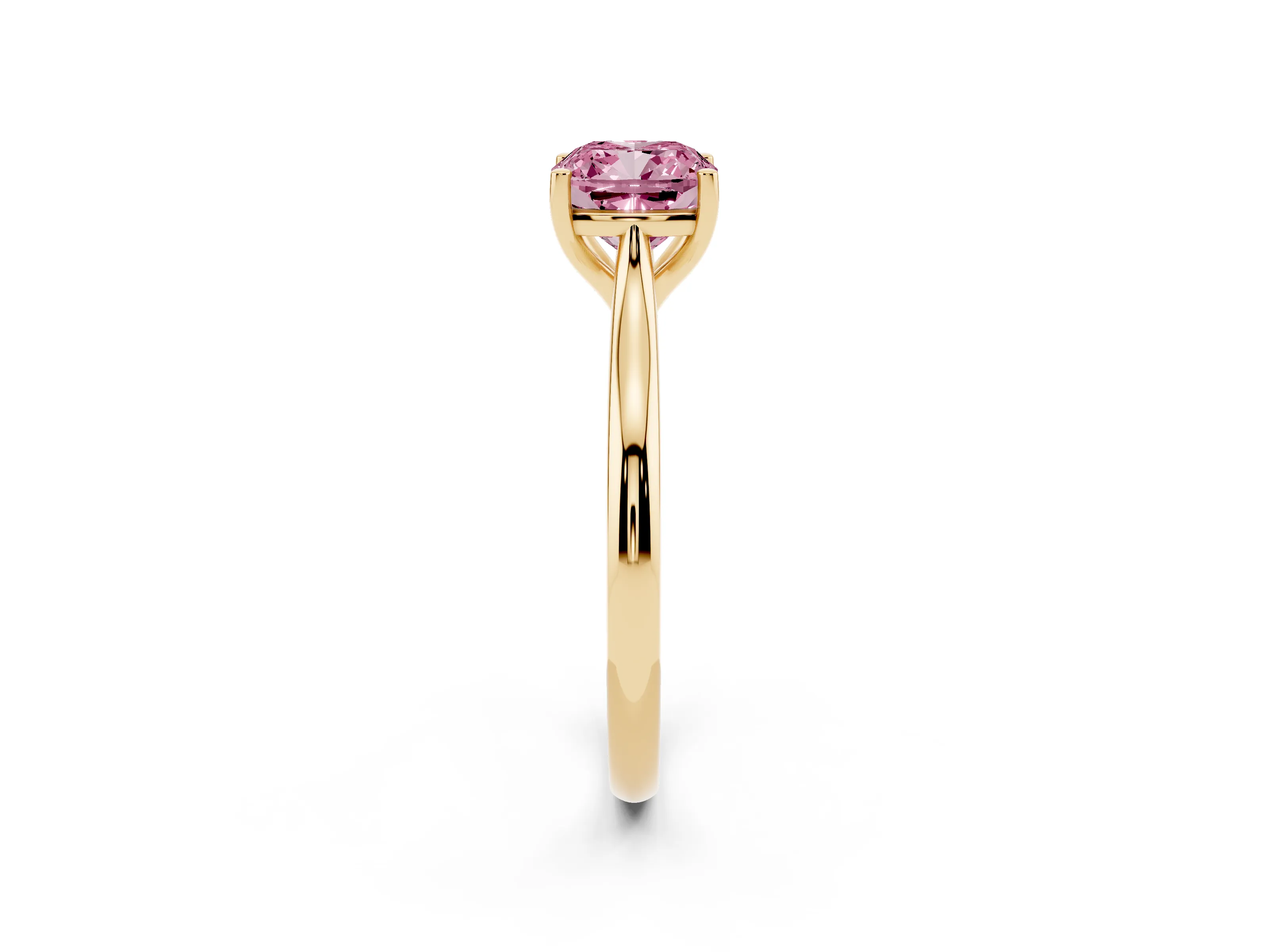 Fancy Pink Cushion Cut Diamond Solitaire Ring Set in Yellow gold with Cathedral Band and Prong Setting