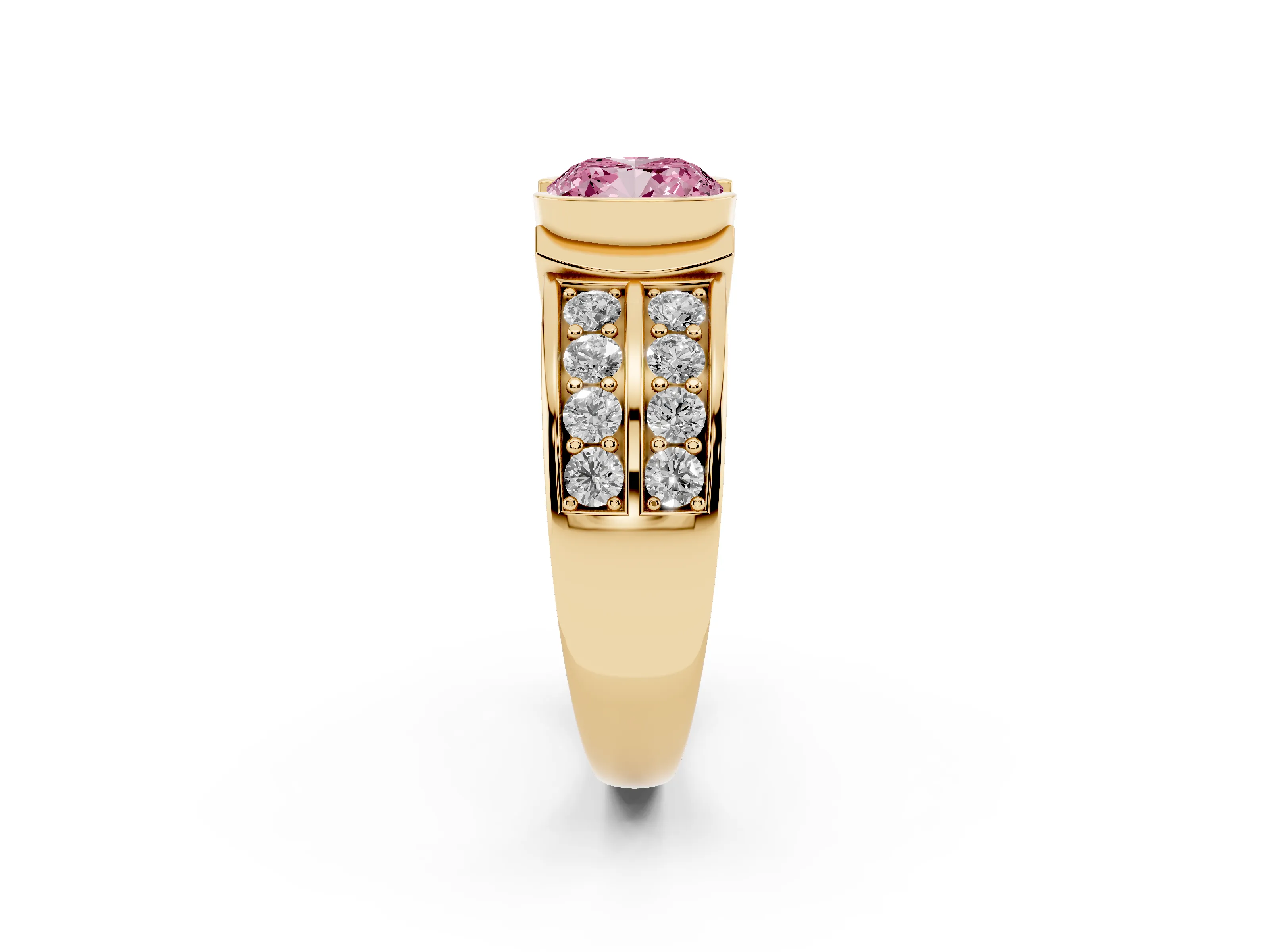 Fancy Pink Cushion Cut Diamond Wide Channel Set Band Ring Set in Yellow gold with Bezel Setting
