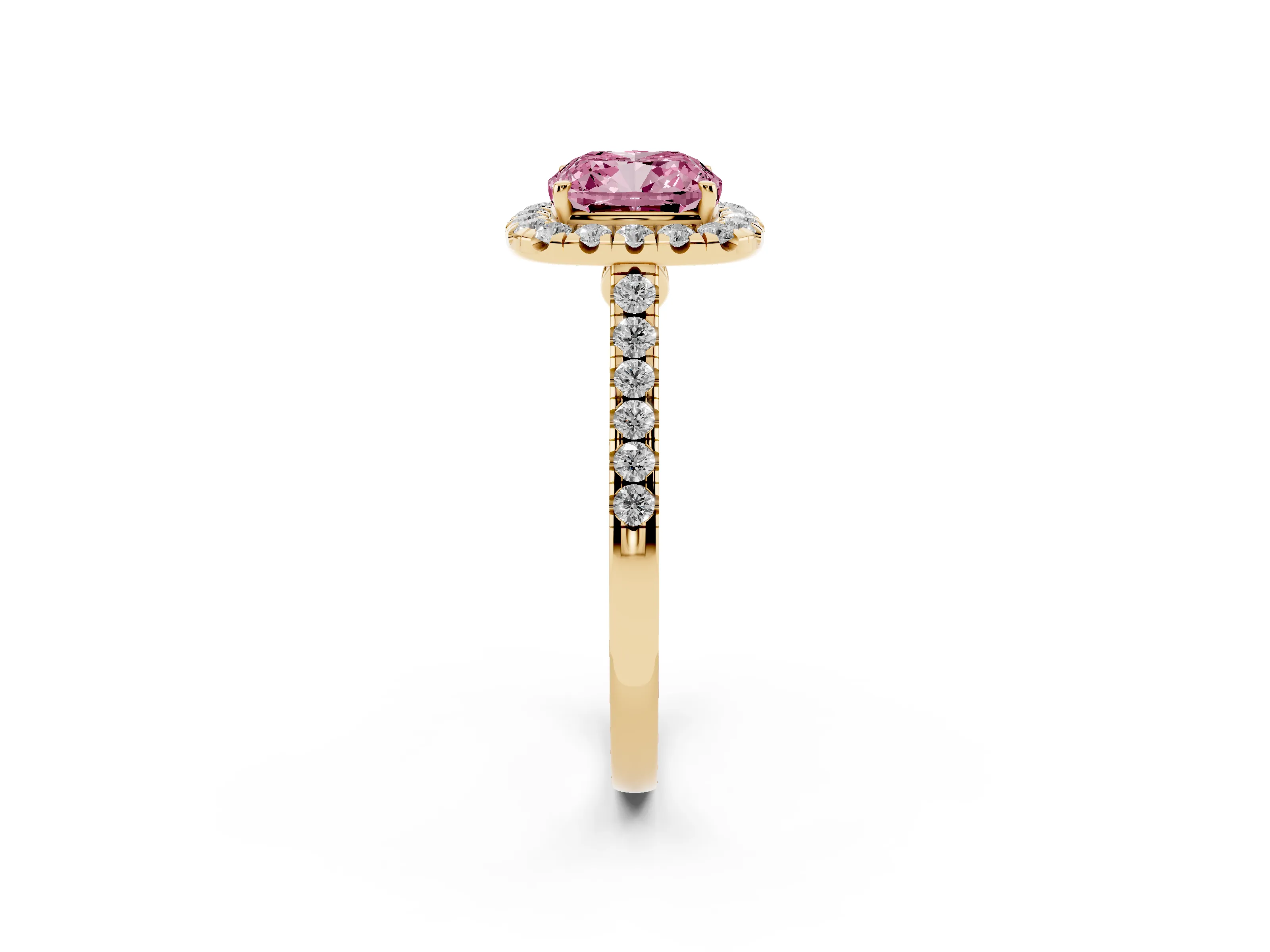 Fancy Pink Cushion Cut Diamond Halo Pavé Engagement Ring Set in Yellow gold with Prong Setting