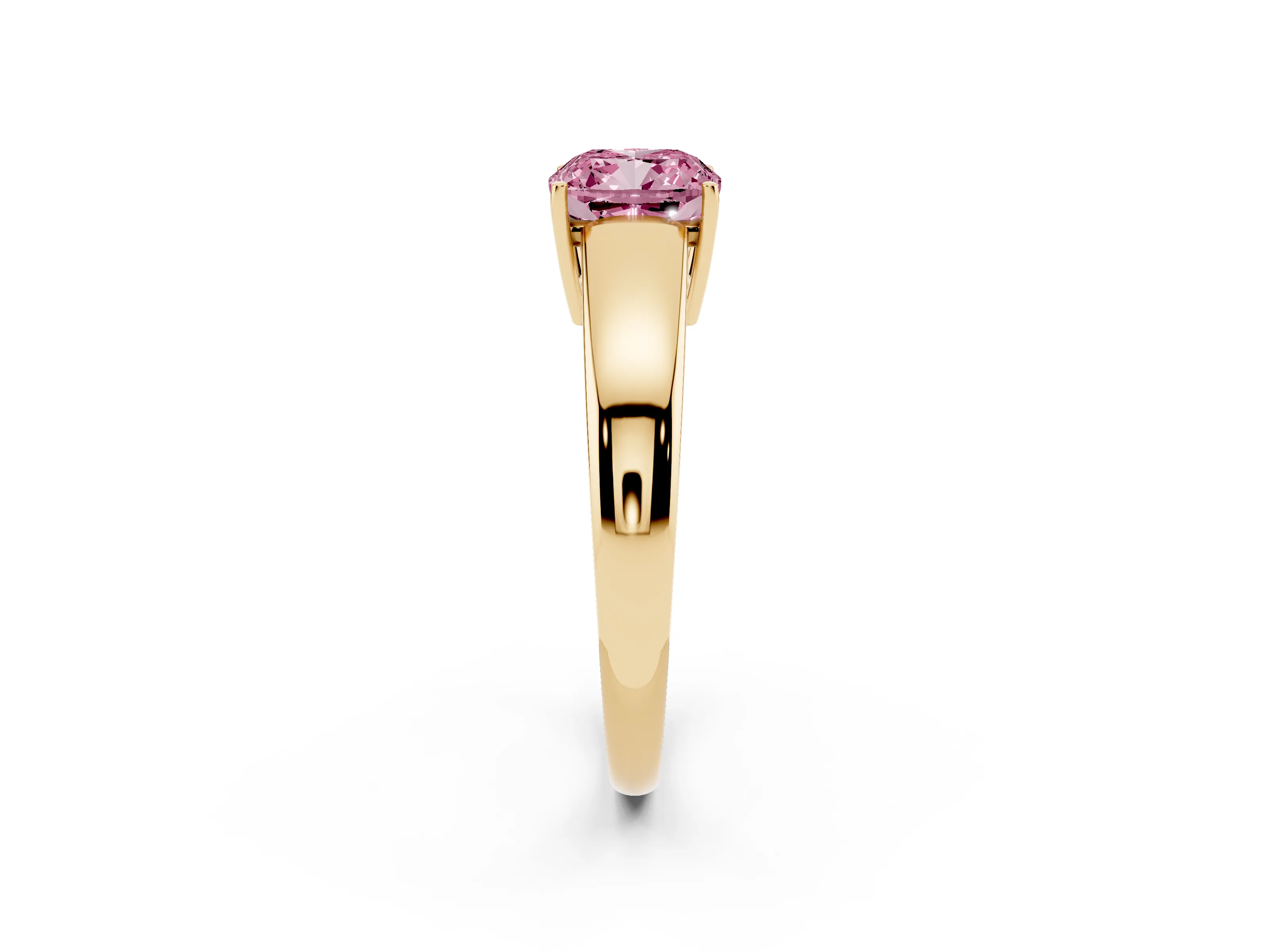 Fancy Pink Cushion Cut Diamond Solitaire Ring Set in Yellow gold with Tapered Band and Prong Setting