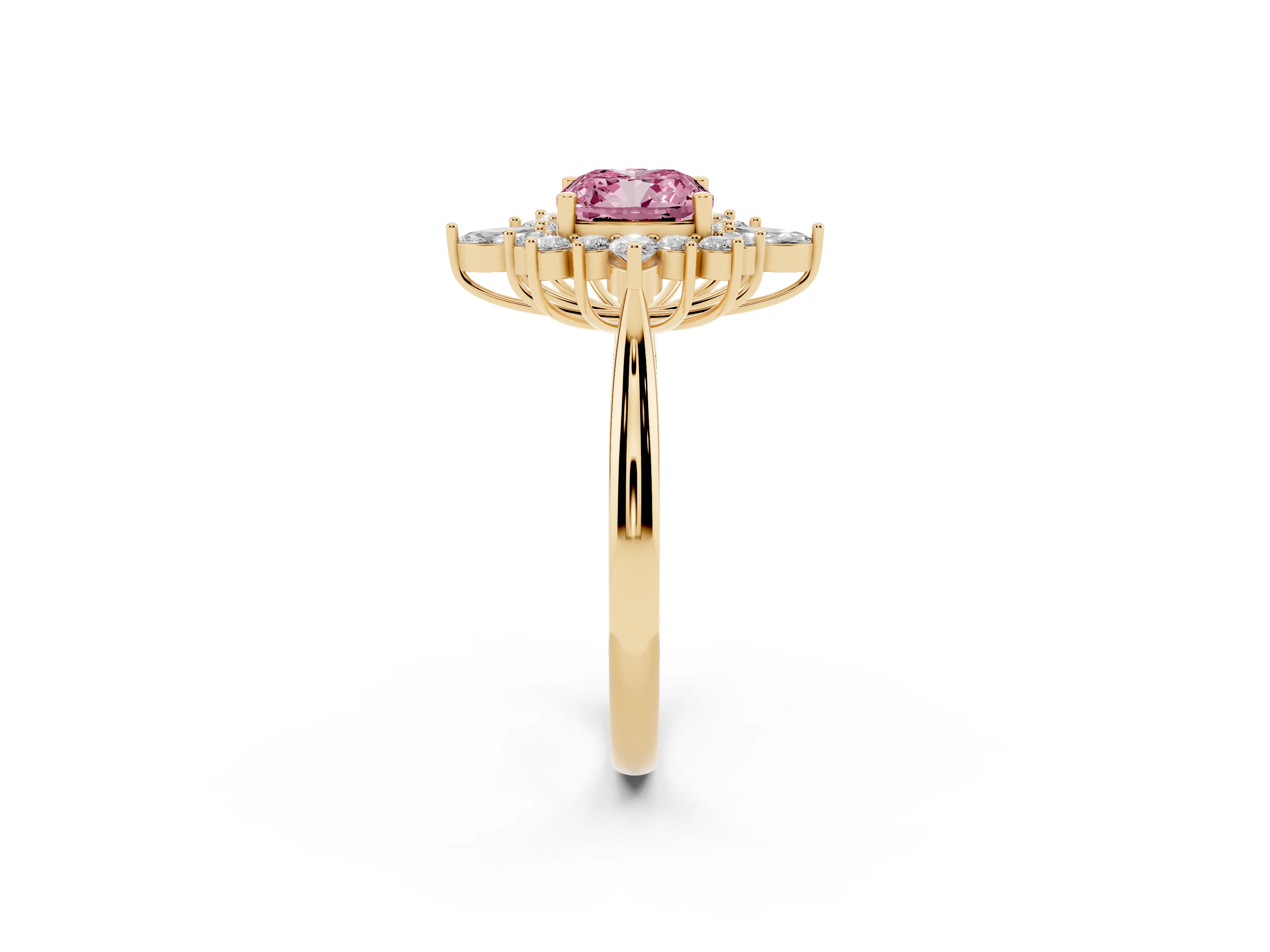 Fancy Pink Cushion Cut Diamond Cluster Halo Ring Set in Yellow gold with Marquise and Round Accents