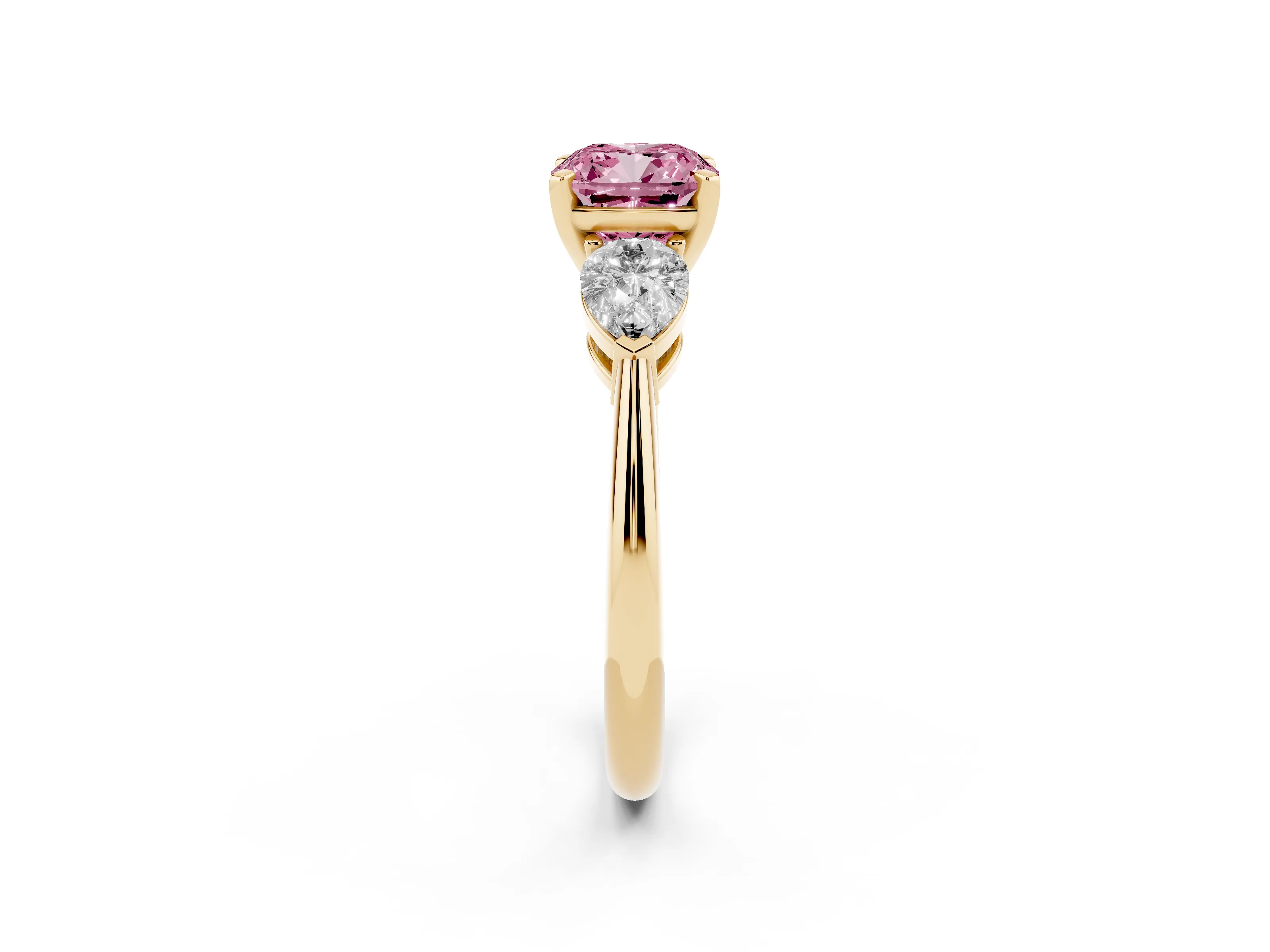 Fancy Pink Three-Stone Cushion Cut Diamond Ring Set in Yellow gold with Pear Side Stones and Prong Setting