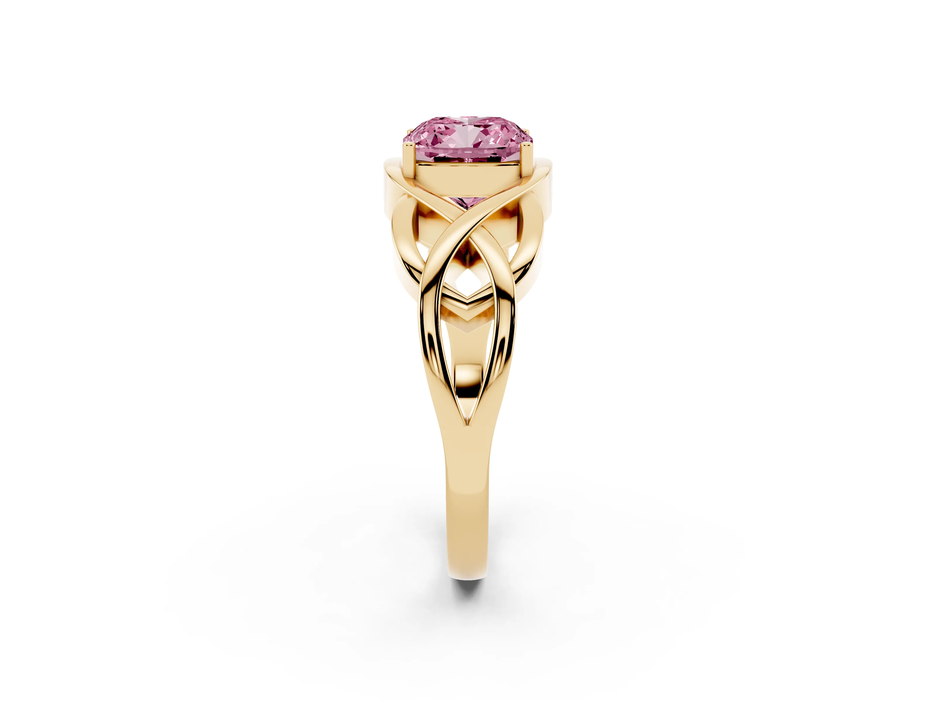 Fancy Pink Cushion Cut Diamond Solitaire Ring Set in Yellow gold with Intertwined Band