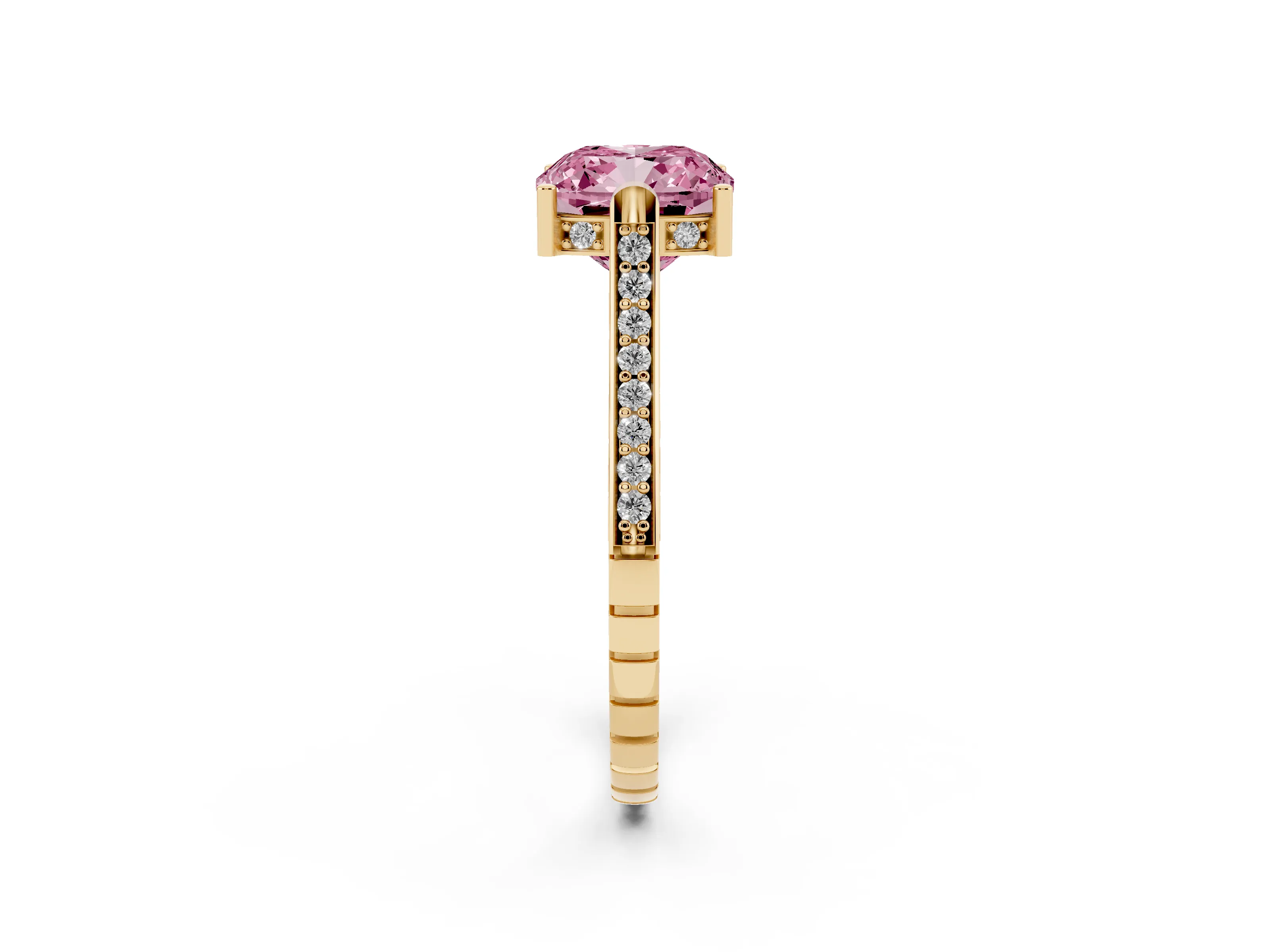 Fancy Pink Cushion Cut Diamond Solitaire Ring Set in Yellow gold with Channel Set Band and Bezel Prong Setting