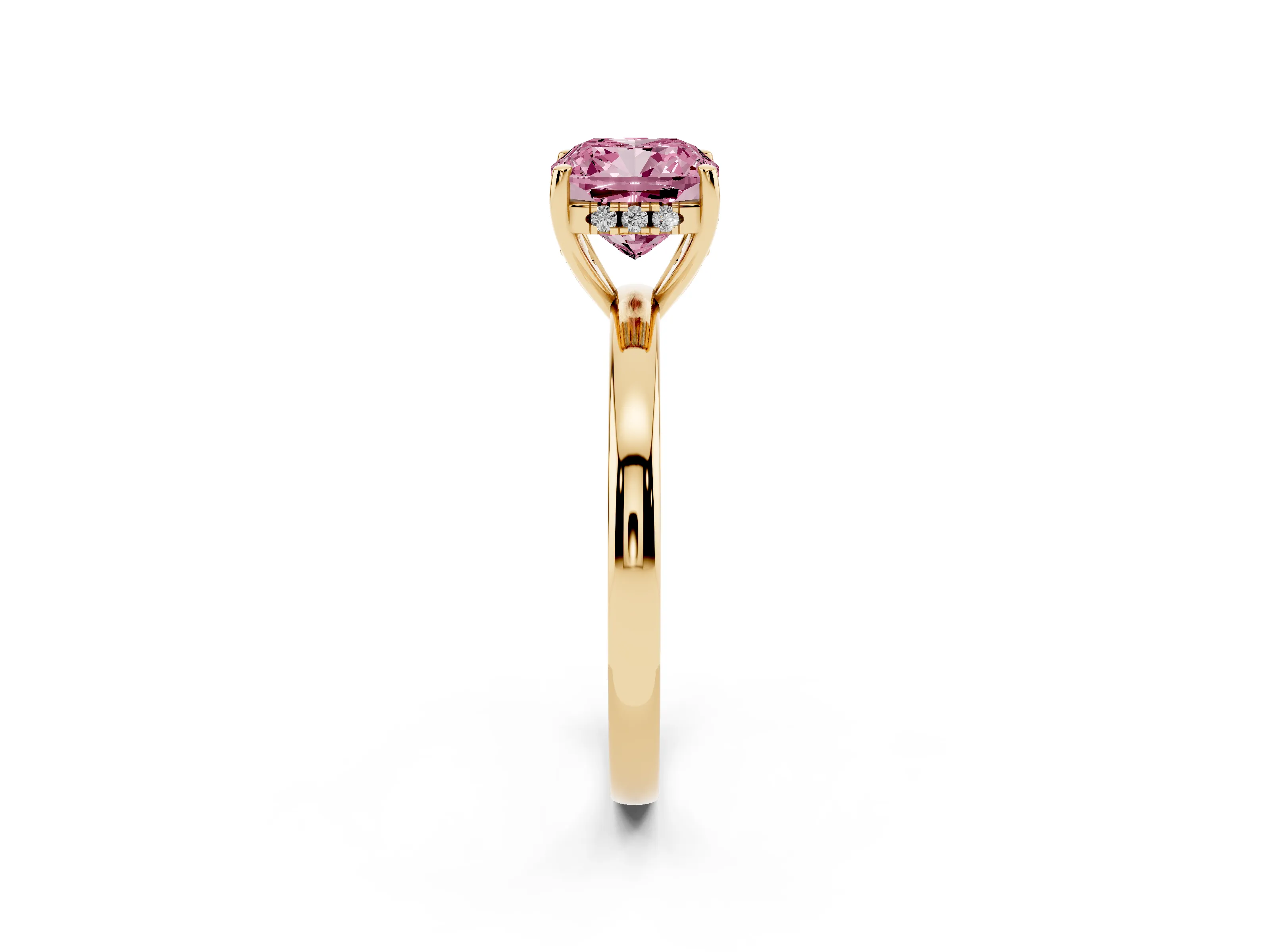 Fancy Pink Cushion Cut Diamond Solitaire Ring Set in Yellow gold with Plain Band and Prong Setting