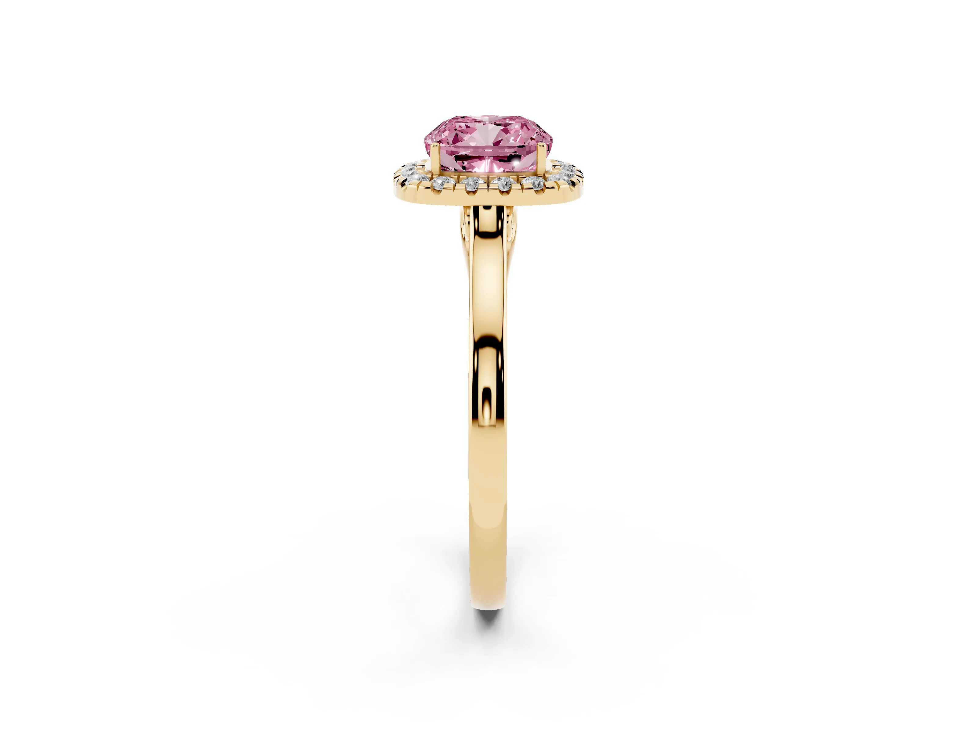 Fancy Pink Cushion Cut Halo Round Diamond Solitaire Ring Set in Yellow gold with Pavé Band and Prong Setting