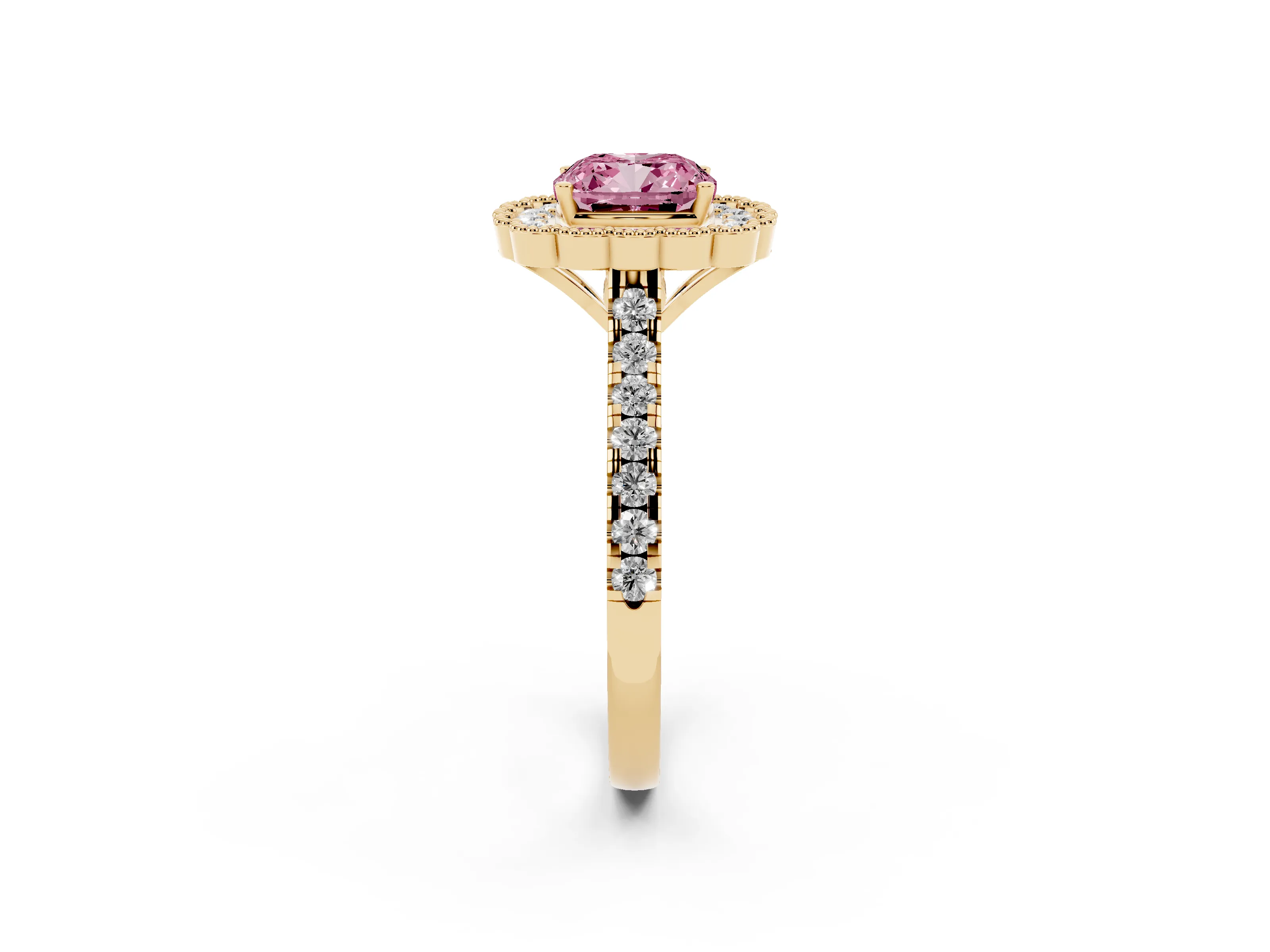 Fancy Pink Cushion Cut Diamond Milgrain Floral Halo Engagement Ring Set in Yellow gold with Pavé Band