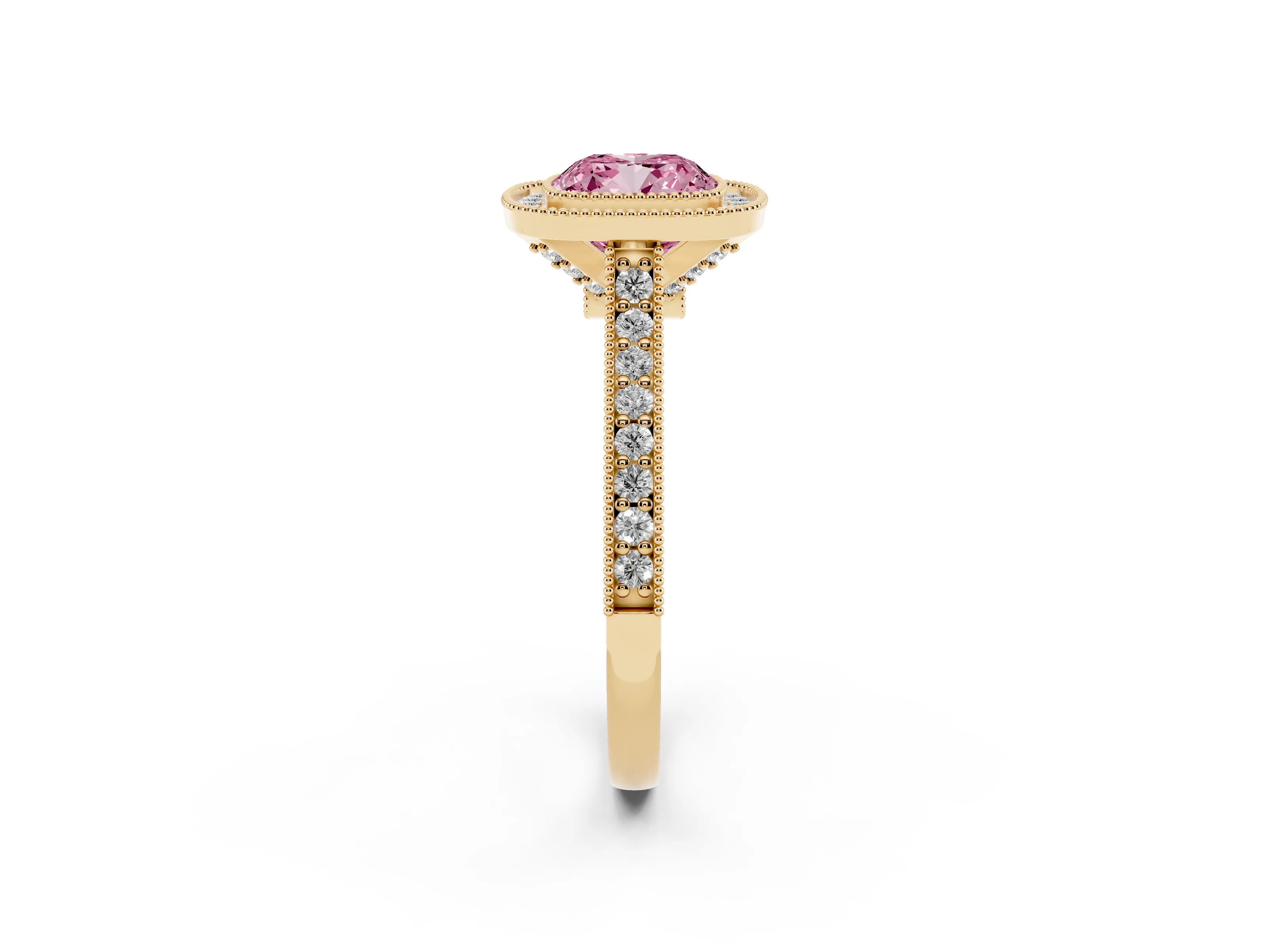 Fancy Pink Cushion Cut Diamond Halo Milgrain Pavé Band Ring Set in Yellow gold with Prong Setting