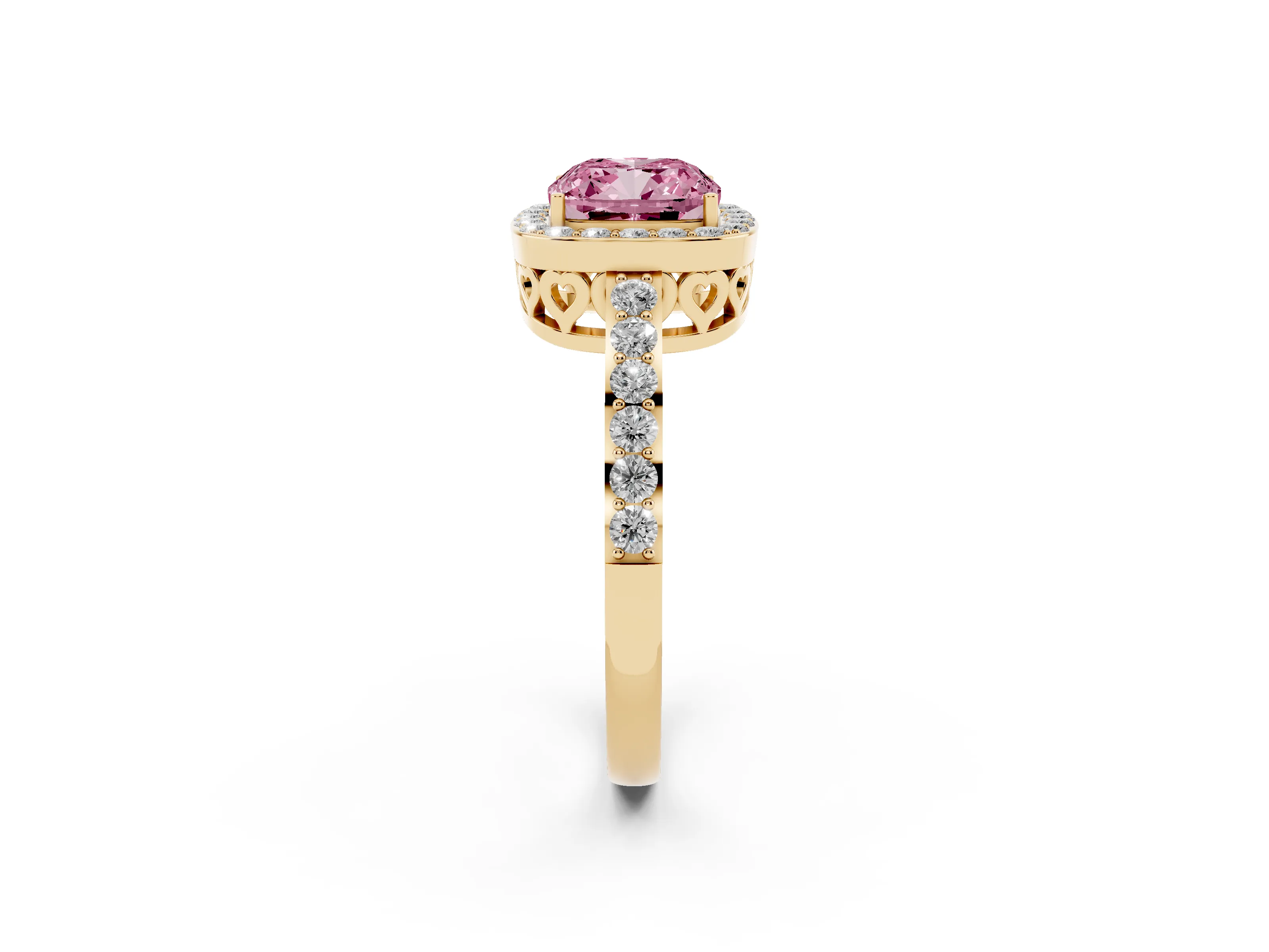 Fancy Pink Cushion Cut Diamond Halo Ring Set in Yellow gold with Pavé-Setting Band and Open Prong Center