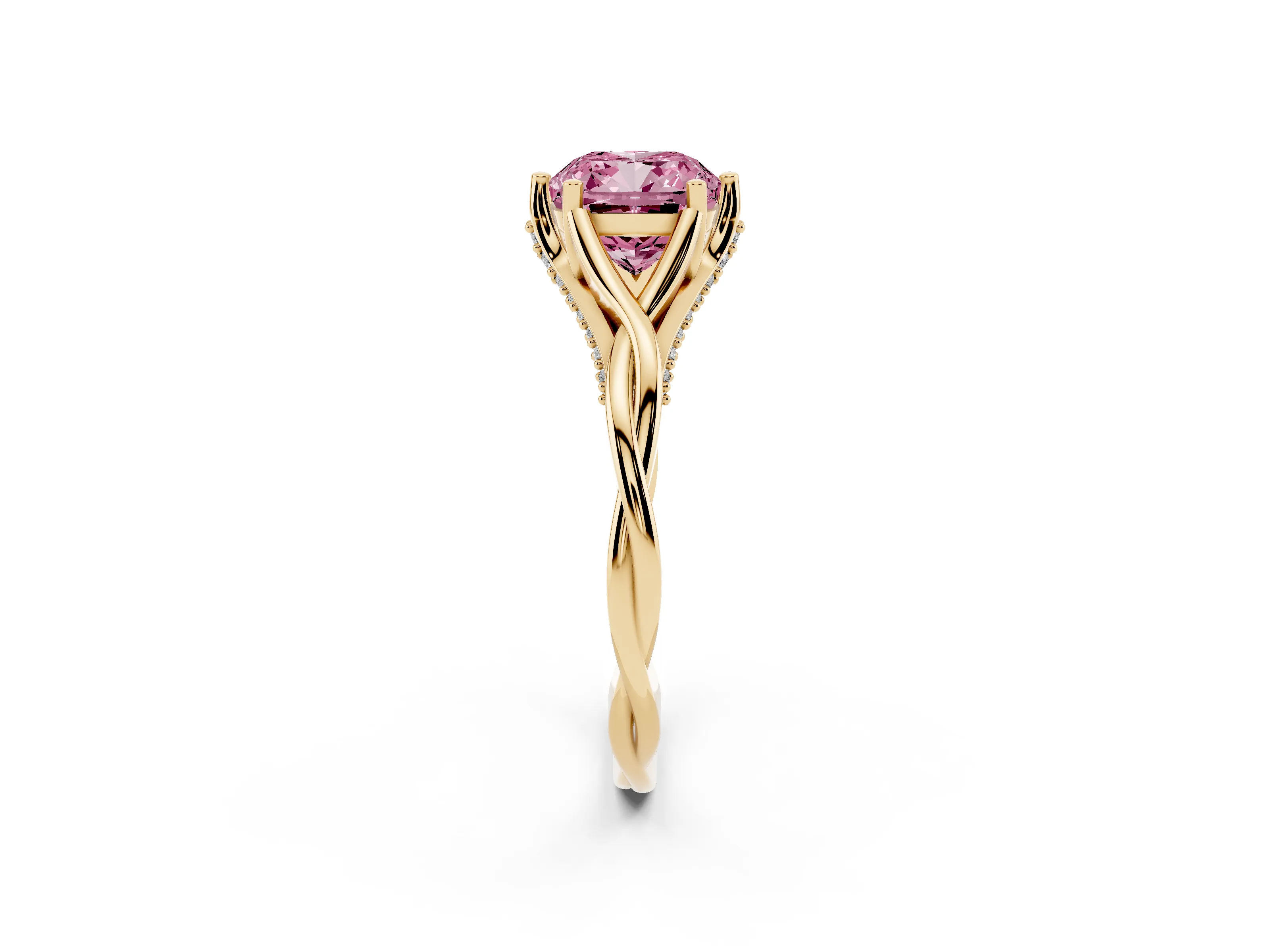 Fancy Pink Cushion Cut Diamond Intertwined Twist Band Solitaire Ring Set in Yellow gold with Prong Setting